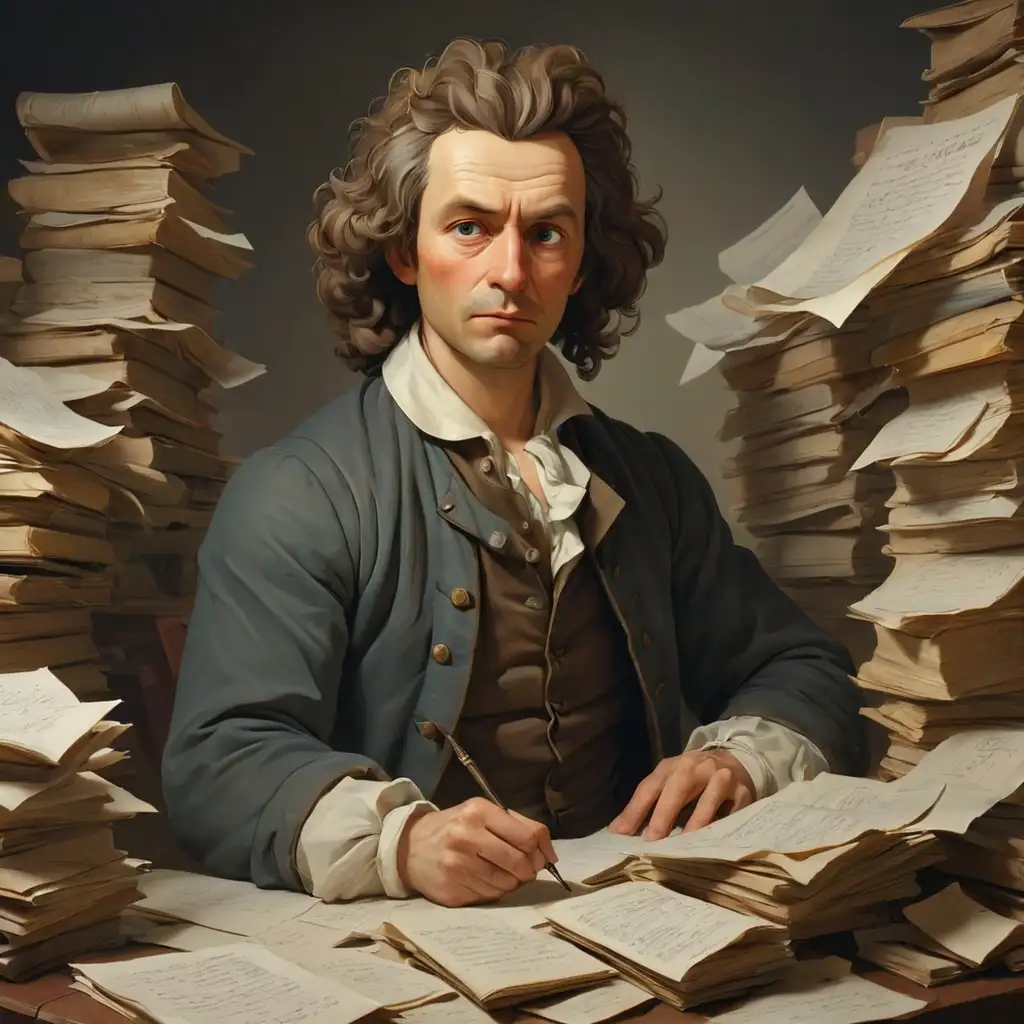 Математик Николай Лобачевский в одежде 18 века. вокруг него куча исписанных листов бумаги. он активно что-то пишет и смотрит вниз.  У него коричневые кудрявые волосы, он выглядит лет на 45. МЫ видим его в полный рост, с руками и ногами.