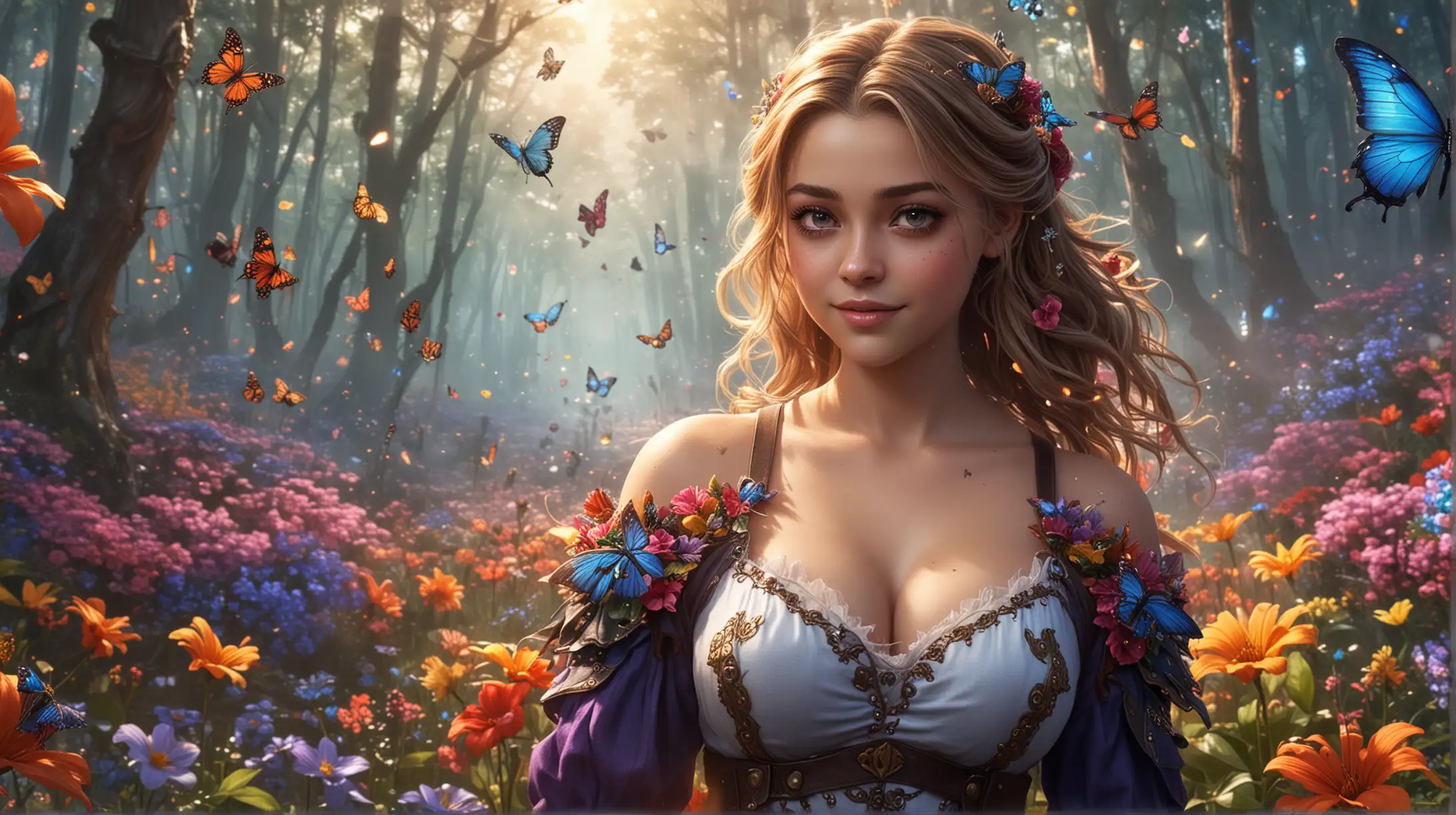 cartoon, Josephine Langford, final fantasy game, sexy clothes, big boobs, big eyes, surrounded by gorgeous colorful flowers, butterflies, fantasy forest, smile, magic, fire, fog