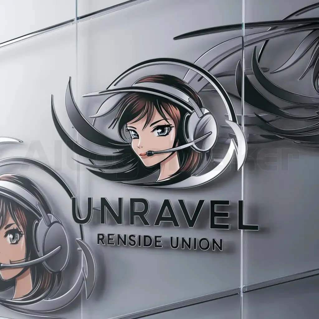 a logo design,with the text "UNRAVEL RENSIDE UNION", main symbol:Anime girl with headset,complex,be used in Others industry,clear background