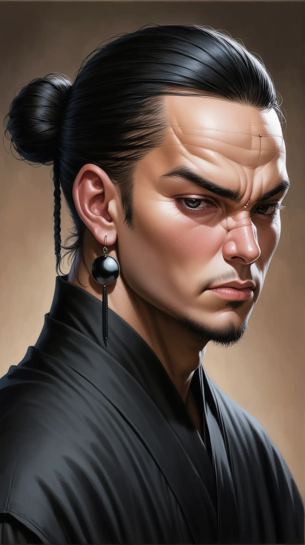 man with patchwork face and all along middle of his forehead man has one big thick and ugly stitch and long black hair partially tied up in a bun while the rest drapes down his back, all along middle of his forehead man has big thick and ugly stitch, has thin black eyes and bangs that occasionally cover the left eye, in earlobes large circular earrings, dressed in multicolored garment over large black robes, photo-realistic, hyper-realistic, as a real male