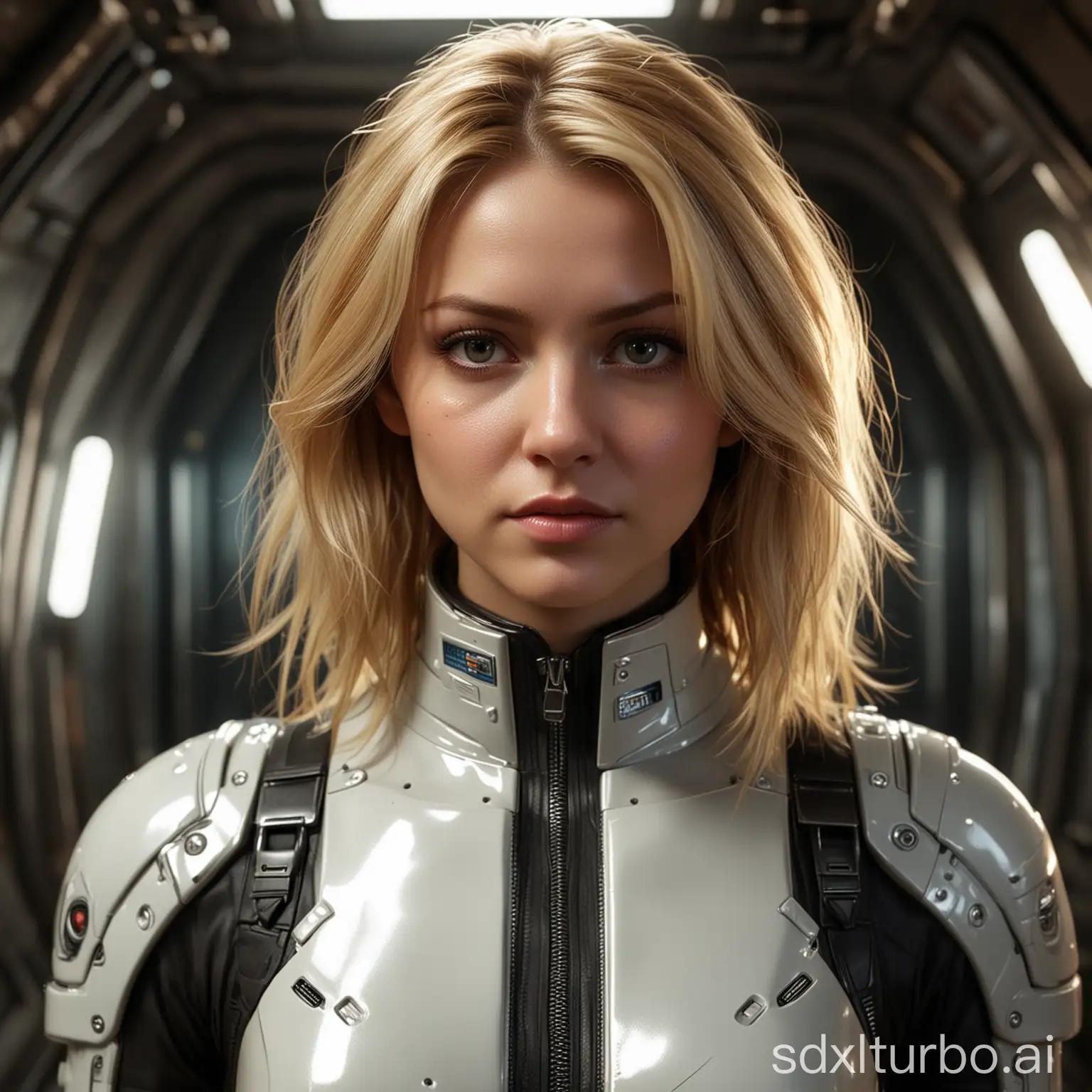 three-quarter close-up portrait, stunningly beautiful young girl, slender athletic figure, stunning face, (expressive and deep [symmetrical eyes] ), frowning and innocent expression, (long [natural blond] hair) | ([maximum detailed sci-fi engineering suit : 90's sci-fi TV series style : Battlestar Galactica style : armor protection elements | maximum detailed sci-fi engineering Lexx style | (intricately detailed:1. 2) ((glossy elements) ) combat sci-fi jumpsuit in the style of Battlestar Galactica : 24]) | (intricately detailed sci-fi spaceship interior in the style of Battlestar Galactica [((intricately detailed sci-fi metal spaceship corridor) ) : photorealistic style sci-fi series of the 90s : deep space], oppressive and contrasting background:1. 3) , (in semi-darkness) , backlighting from inside, dramatic expressive background, gloomy horror crushing atmosphere | cinematic shot photographed from below with Canon EOS 5D Mark IV DSLR, aperture f/8, shutter speed 1/250 sec, ISO 100 | super detailed, hyper photorealistic, (12K, UHD, super resolution, Rembrandt lighting) , textures of natural reflections, cinematic lighting