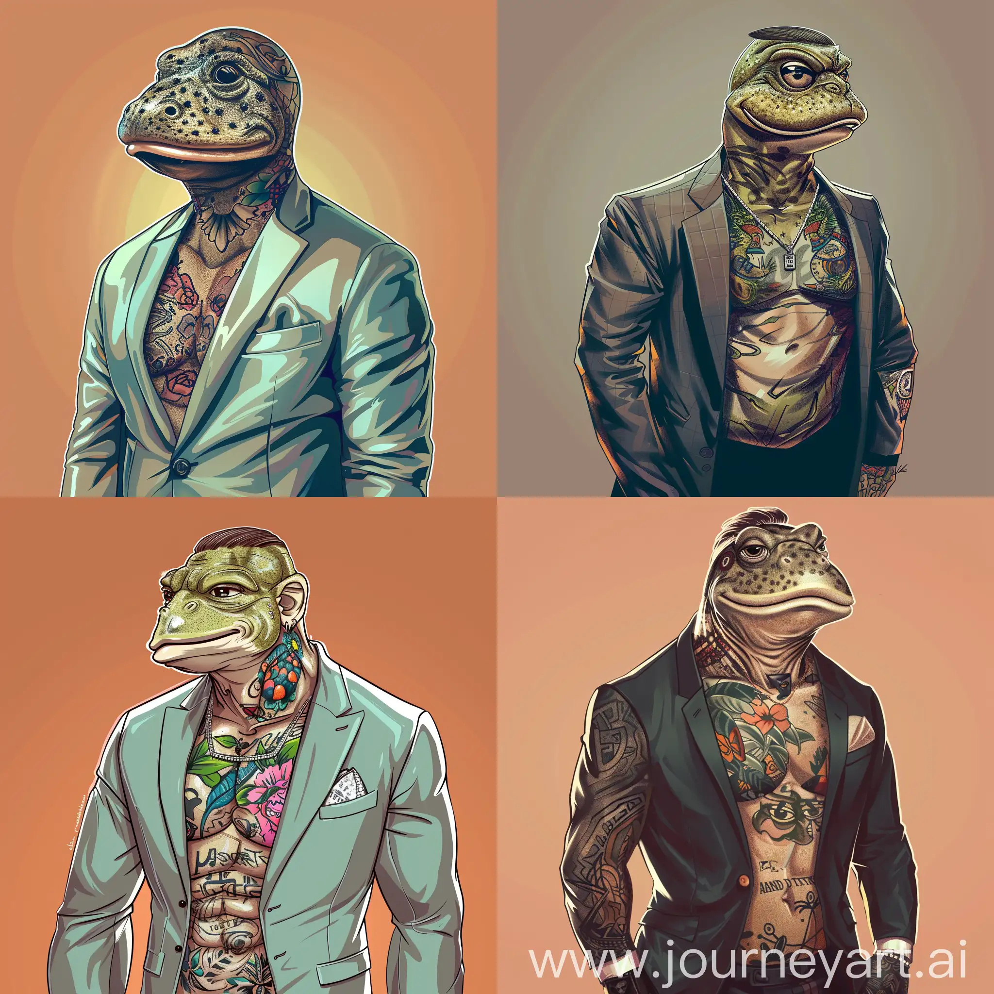 Create an illustration of the famous meme character Pepe the Frog dressed as Andrew Tate. Include key features such as:
- A muscular build similar to Andrew Tate's physique.
- Wearing fashionable clothing, like a stylish suit or casual but trendy outfit.
- Facial expression showing confidence and determination.
- Include details like tattoos if possible.
- Background can be simple, highlighting Pepe's new persona.

Art style: Realistic with a touch of cartoonish charm.
Color scheme: Vibrant and eye-catching