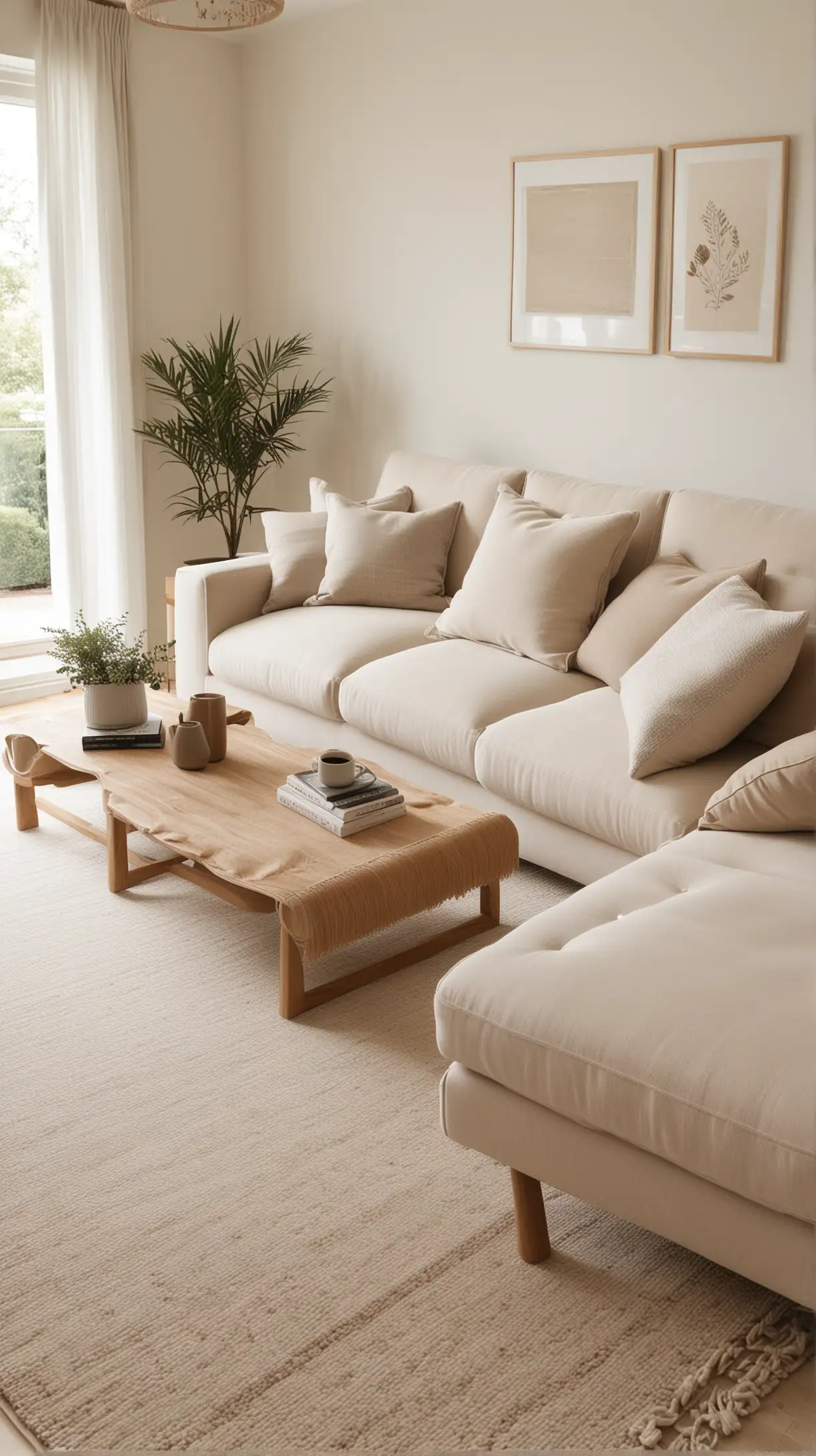 Living room with neutral-toned fabrics on upholstery and rugs, creating a calm and cohesive minimalist environment.