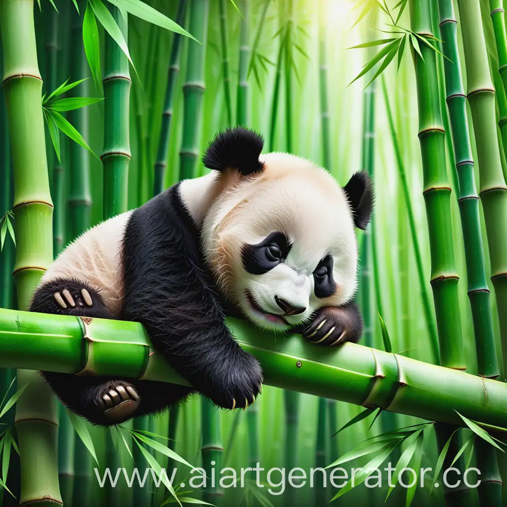 спящая панда-малышка на ветке в красивом зеленом бамбуковом лесу, панда расположена справа на картинке, занимает примерно 30% пространства, остальные 70% занимает лес
 
