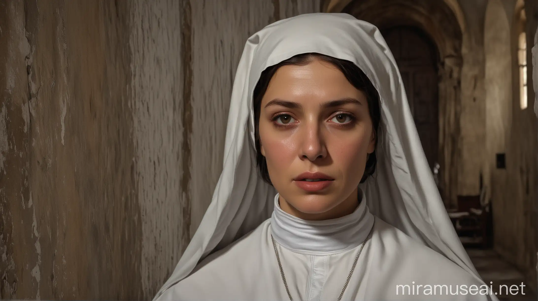 Italian woman of 50 years, brunette brown eyes and angelic full lips, 19th century, she is dressed as a Dominican nun, the hallways of the monastery of Santa Catalina in Taggia Italy, she has a spiritual vision and she  is crying, in her bedroom, frontal, hyperrealistic