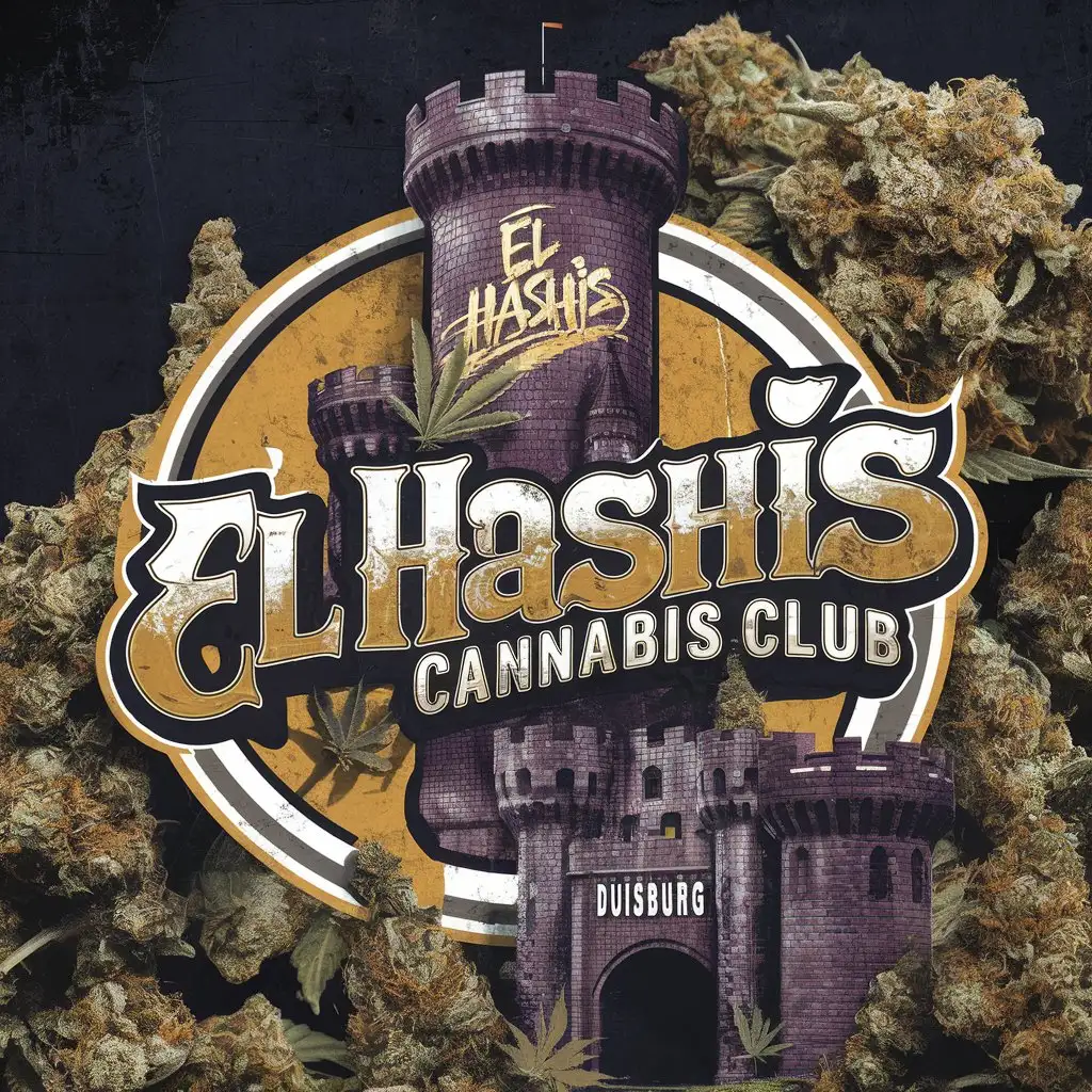 a giant castle tower logo design,with the text 'el Hashís Cannabis Club', main symbol old school grafitti style: on the castle are Tags with Duisburg and much Cannabis buds realistic