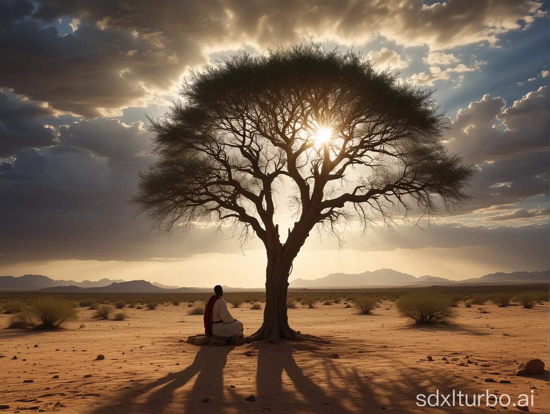 The image depicts a serene scene with a solitary tree in a desert landscape. A man dressed in biblical garb sits under the tree, suggesting a moment of rest or contemplation. The dramatic sky, with its mix of clouds and breaking sunlight, adds a sense of calm and introspection to the scene. The soft light filtering through the tree branches creates a peaceful atmosphere. The use of light and shadow enhances the contemplative atmosphere, making it a striking and stimulating work of art.