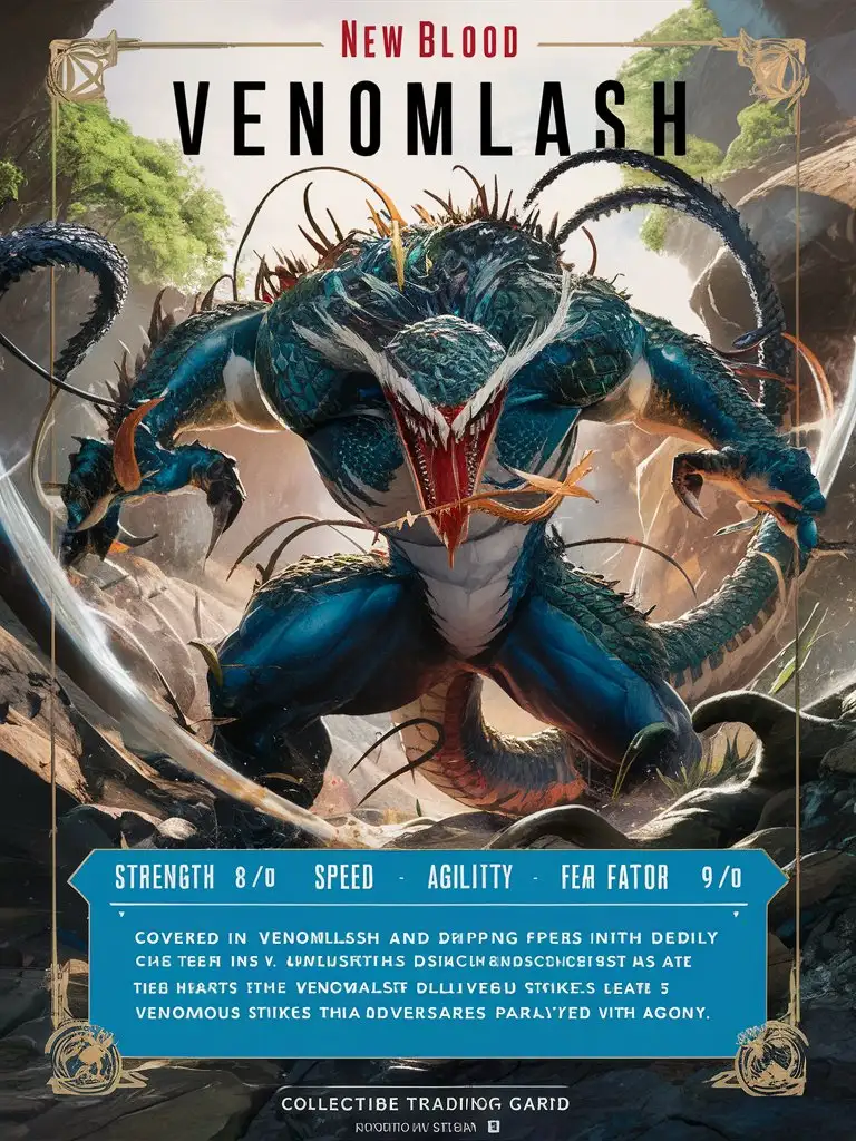  "Design a high-end trading card for 'New Blood's ' Venomlash ', incorporating these elements: * Card name: 'Venomlash' in bold text * Stats: + Strength: 8/1