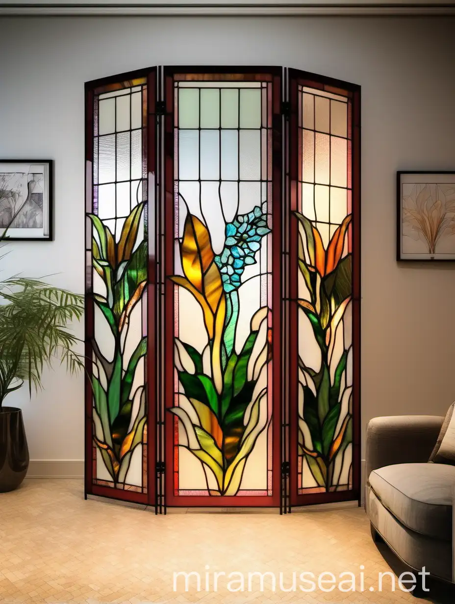 Colorful Tiffany Glass Plant Pattern Stained Glass Partition in Living Room