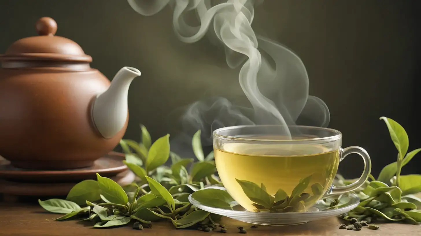 Imágenes de hojas de té verde y una taza de té humeante
