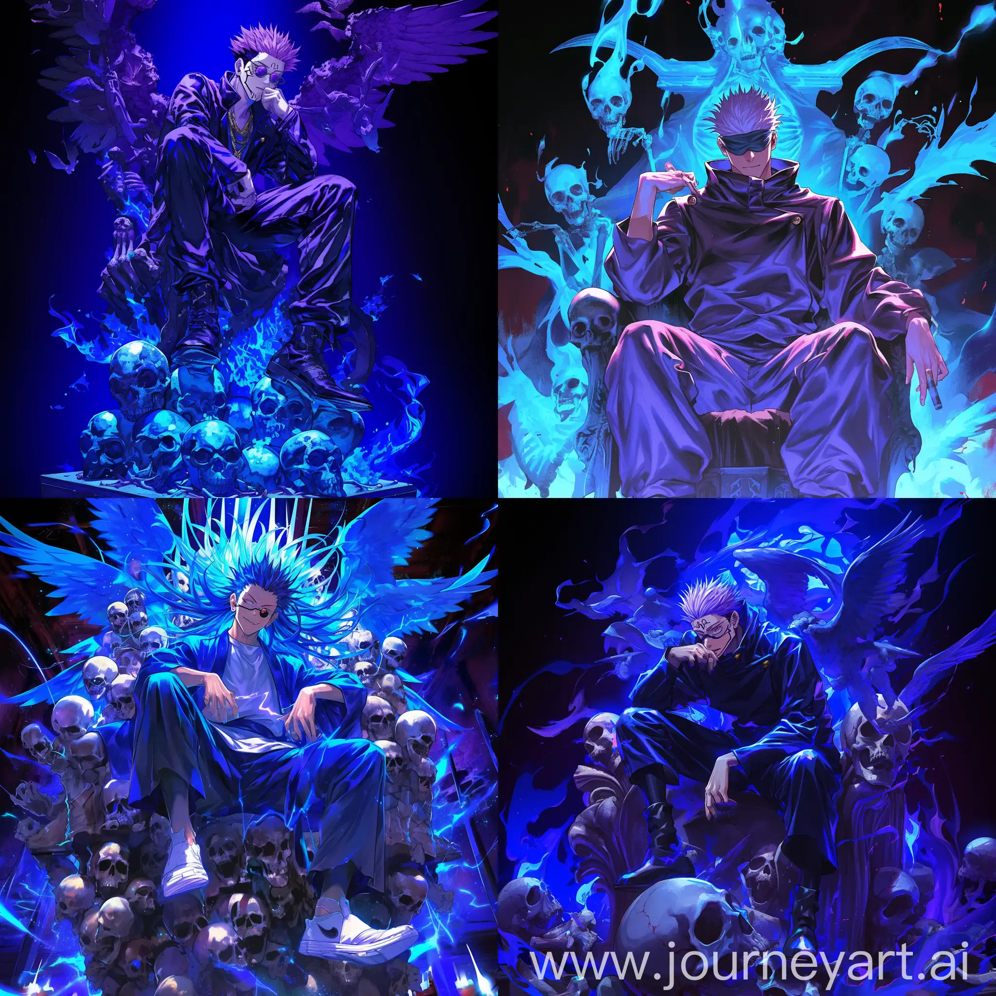 masterpiece,best quality , masterpiece , best quality , Meguna from Jujutsu Kaisen , dynamic angels , Inoue Takehiko , style , high quality, neon blue energy, with Mahoraga, sitting on throne of skulls --niji 6