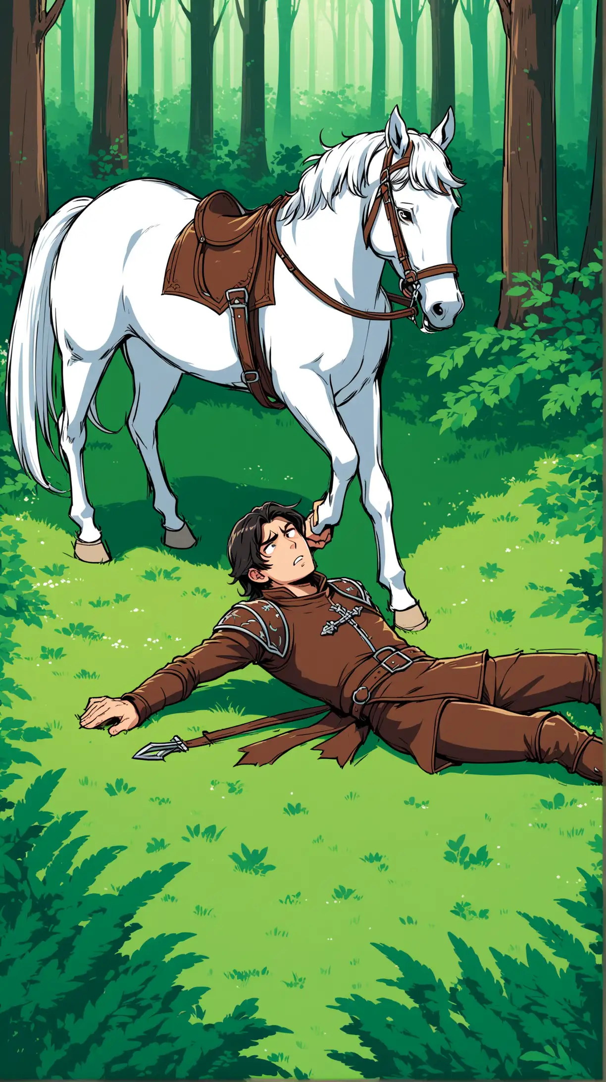 cartoony color. A hansome dark haired, brown leather clad medieval rider is hurt and on the ground  in a lush forest.   His white horse looks at him like he's an idiot
