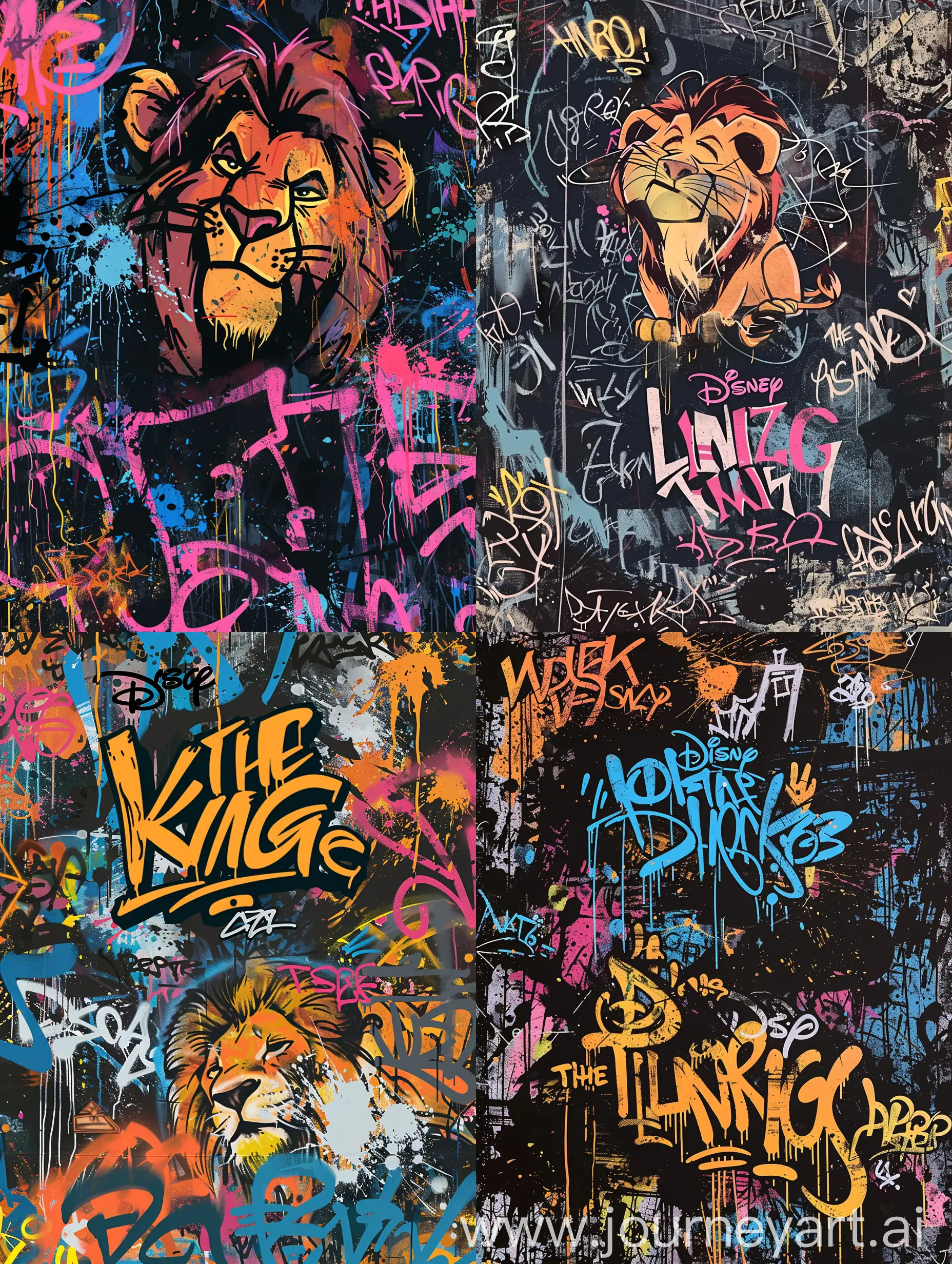 flat illustration graffiti on cava:2, illustration of The lion king by disney, detailed, tag, background full of dark paint splash and graffiti text, random sized graffiti text all over typography:2, urban, canva texture, text 