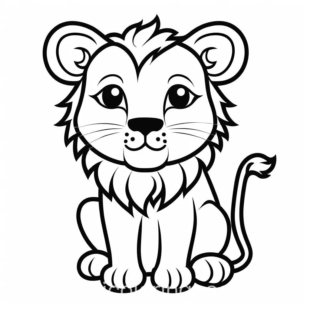 abstract shape of a cute and adorable lion, facing the viewer, coloring page, Coloring Page, black and white, line art, white background, Simplicity, Ample White Space. The background of the coloring page is plain white to make it easy for young children to color within the lines. The outlines of all the subjects are easy to distinguish, making it simple for kids to color without too much difficulty
