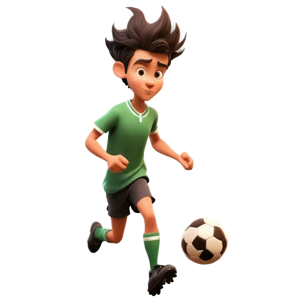 Soccer player dribbling the ball down the field with intense focus in cartoon style