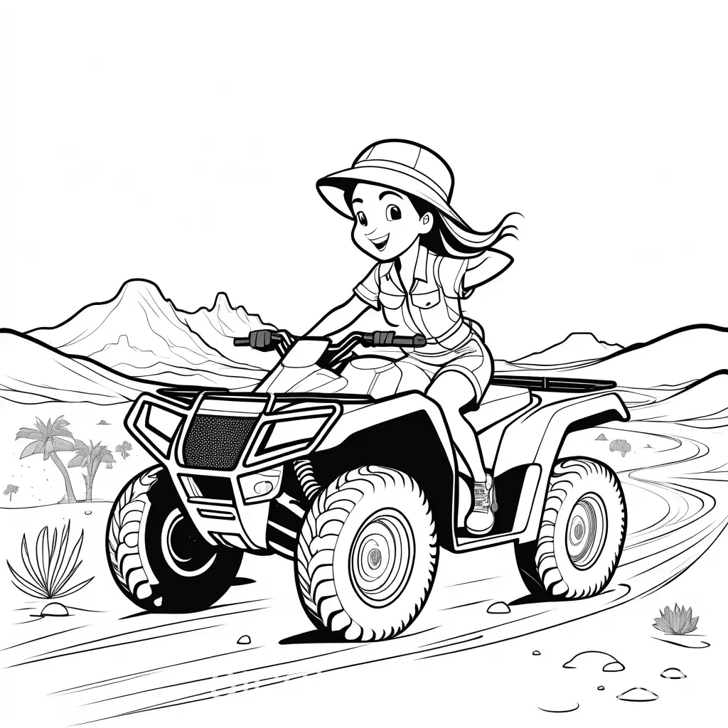 happy cartoon girl in safari clothes driving a quad in the desert , Coloring Page, black and white, line art, white background, Simplicity, Ample White Space. The background of the coloring page is plain white to make it easy for young children to color within the lines. The outlines of all the subjects are easy to distinguish, making it simple for kids to color without too much difficulty
