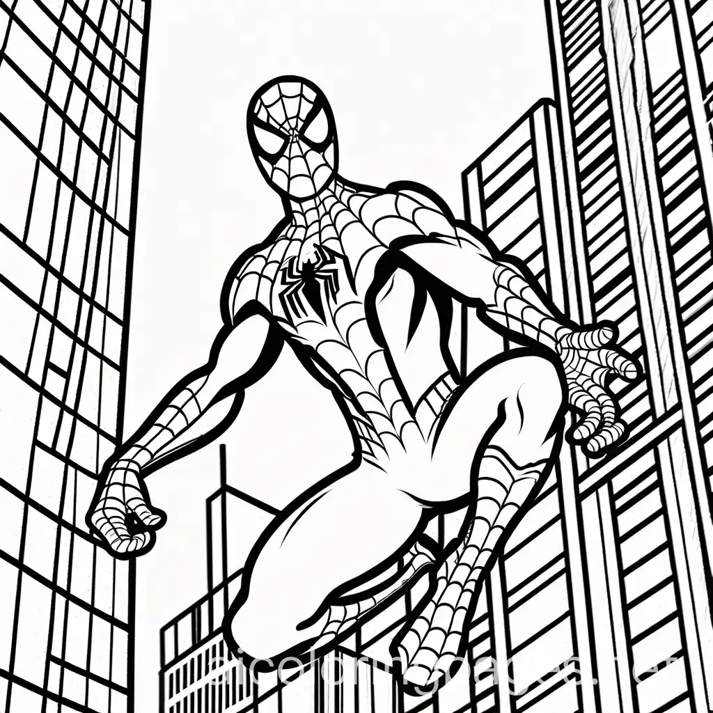 spiderman, Coloring Page, black and white, line art, white background, Simplicity, Ample White Space. The background of the coloring page is plain white to make it easy for young children to color within the lines. The outlines of all the subjects are easy to distinguish, making it simple for kids to color without too much difficulty