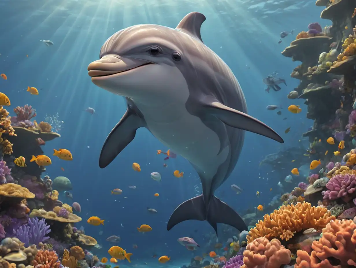 Colorful-Coral-Reef-with-Dolphin-Swimming-in-3D-DisneyInspired-Scene