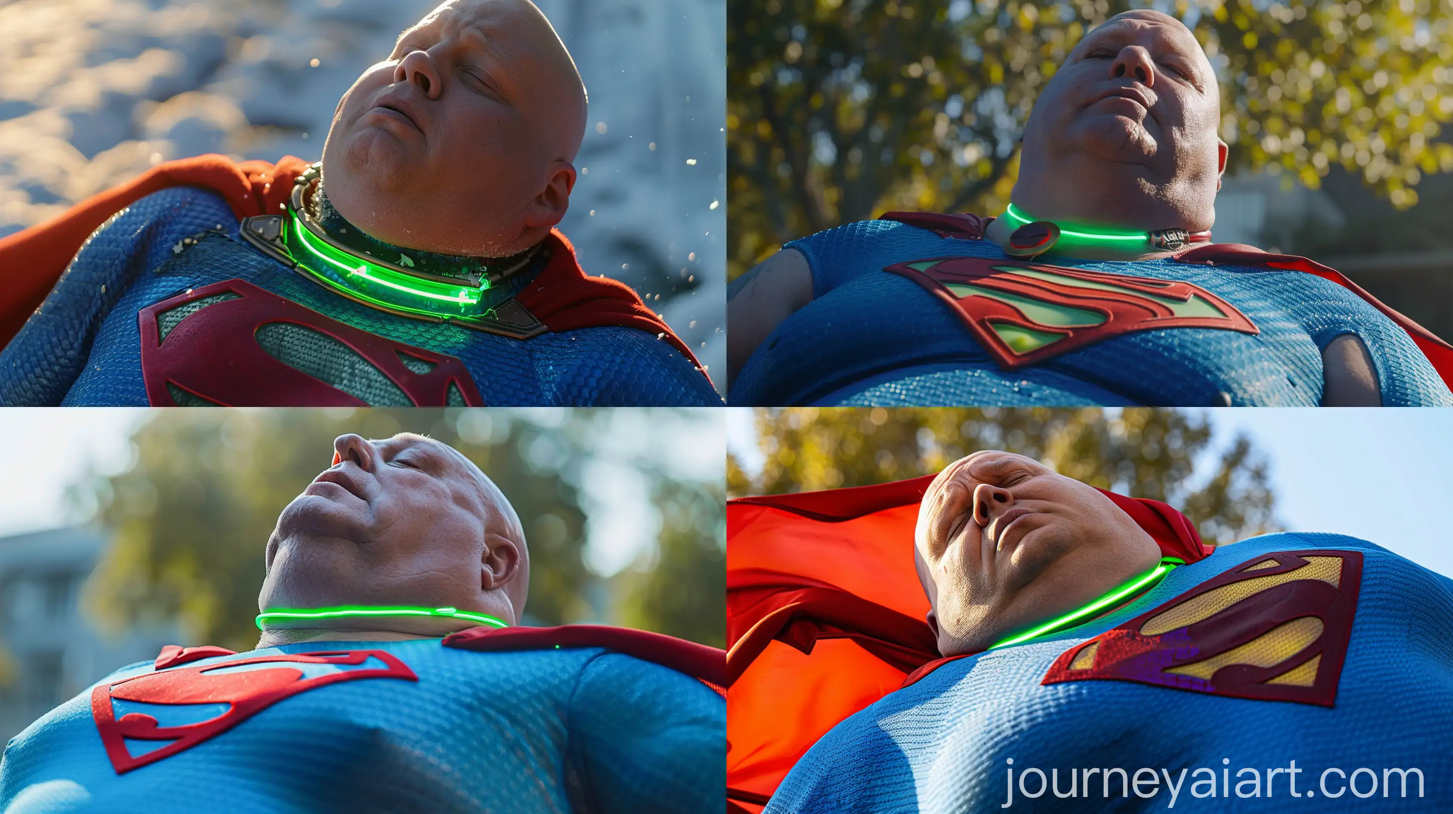 Close-up photo of an exhausted fat man aged 60 wearing a tight blue superman costume with a red cape and a green glowing neon necklace on the neck falling backwards. Outside. Bald. Clean Shaven. Natural light. --style raw --ar 16:9