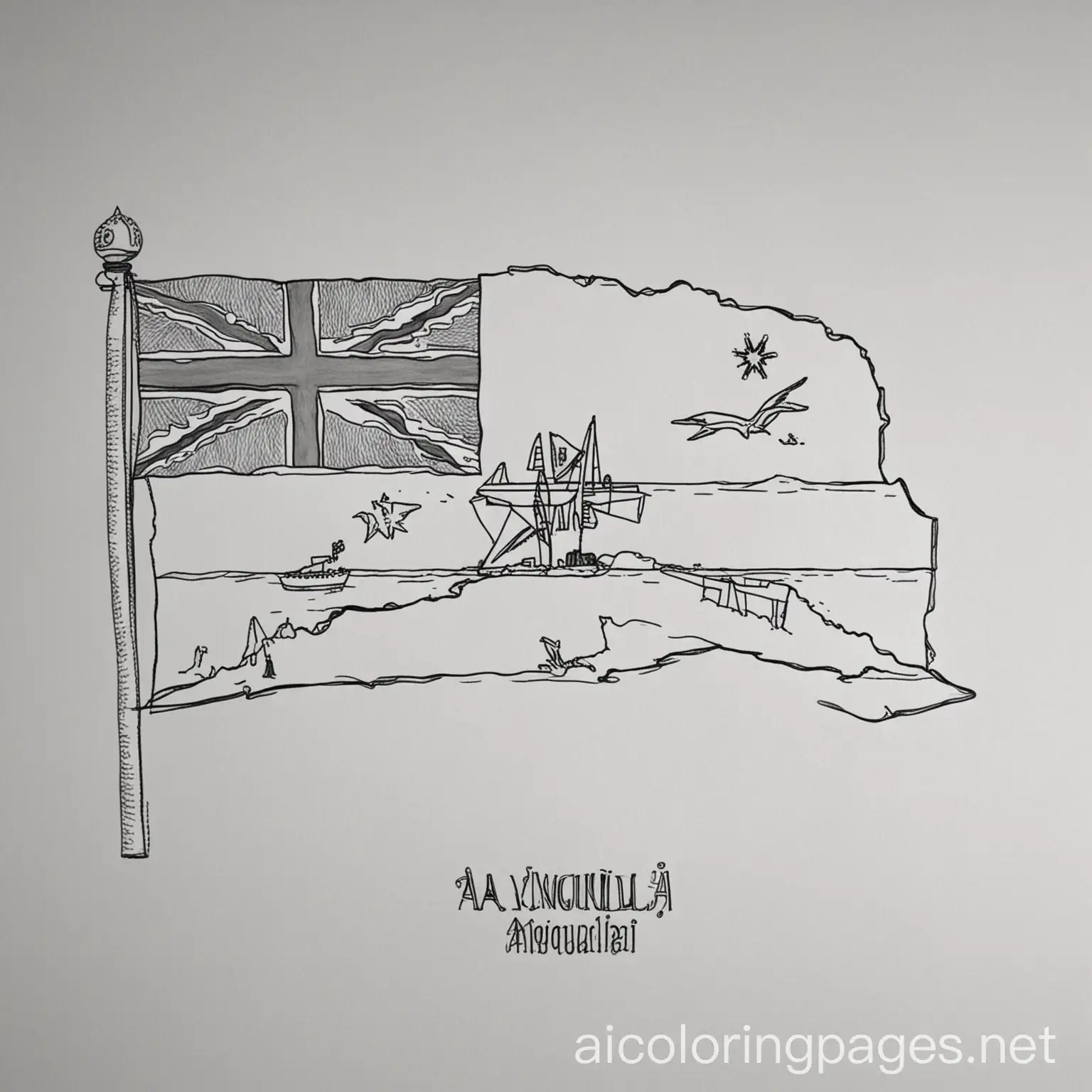 Create a coloring page for Anguilla with the outline of the island, the island's name and the island's flag., Coloring Page, black and white, line art, white background, Simplicity, Ample White Space. The background of the coloring page is plain white to make it easy for young children to color within the lines. The outlines of all the subjects are easy to distinguish, making it simple for kids to color without too much difficulty