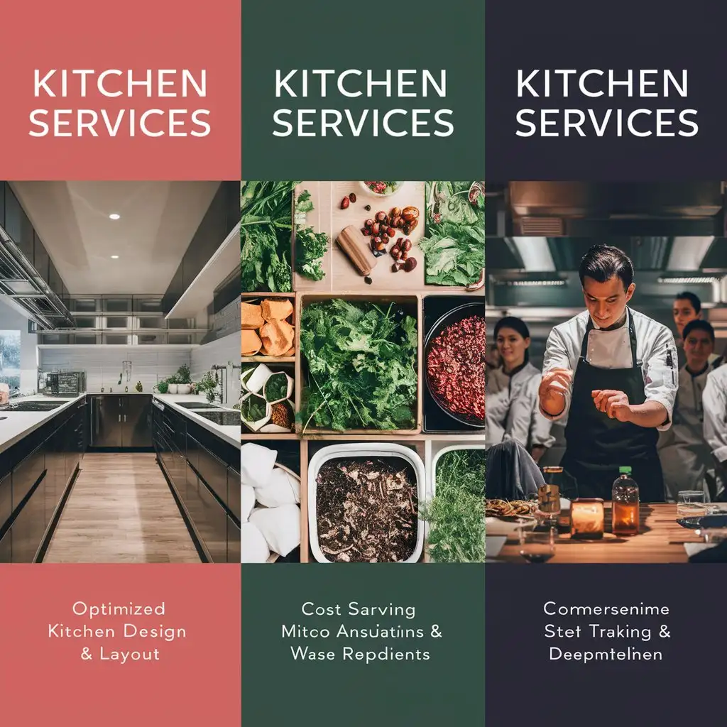 an image that is divided into three sections, each representing a key area of consultancy services for kitchen operations and efficiency:

Left Section - Optimized Kitchen Design & Layout: This part of the image shows a modern, well-organized kitchen on the left half, and on the right half, there’s a simple diagram of a kitchen layout with arrows indicating an optimized workflow for chefs. The text overlay reads “Optimized Kitchen Design & Layout” in a bold font.
Center Section - Cost-Saving Menu Analysis & Waste Reduction: Here, you’ll find a photo collage with fresh ingredients on the top left, a chef portioning ingredients on the top right, and at the bottom, an image of a compost bin with food scraps. The text overlay states “Cost-Saving Menu Analysis & Waste Reduction” in a clear and informative font.
Right Section - Comprehensive Staff Training & Development: The final section features a photo of a chef conducting a training session with kitchen staff, with a text overlay “Comprehensive Staff Training & Development” in a professional font.