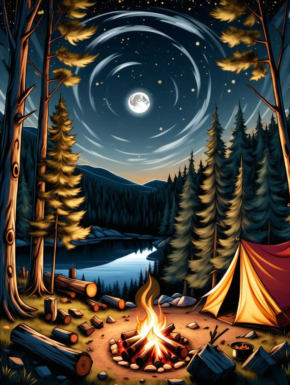 The black and white scene depicts a serene camping spot in the woods. In the foreground, there's a crackling campfire with logs arranged in a circle. Over the fire, a marshmallow on a stick is being roasted to golden perfection. Nearby, a colorful tent is pitched, with a sleeping bag rolled out in front of it. In the background, tall pine trees tower over the campsite, their branches swaying gently in the breeze. A starry night sky fills the background, with a full moon casting a soft glow over the scene. In the distance, a river glistens under the moonlight.

Make sure to leave ample white space within the image, especially around the tent, campfire, and sky, allowing children plenty of room to color and bring the scene to life with their creativity!