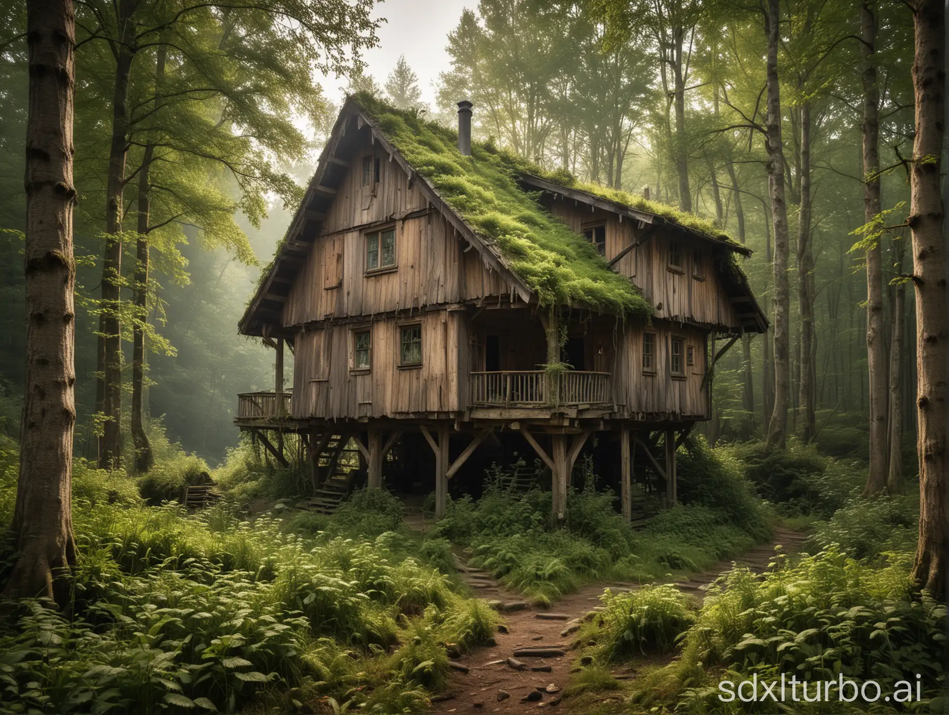 ein altes verlassenes Holzhaus mit Moos auf dem zerfallenen Dach steht auf einer Lichtung im Wald, Dämmerung, düster, dystopisch, sehr detailreich, ultrahochauflösend