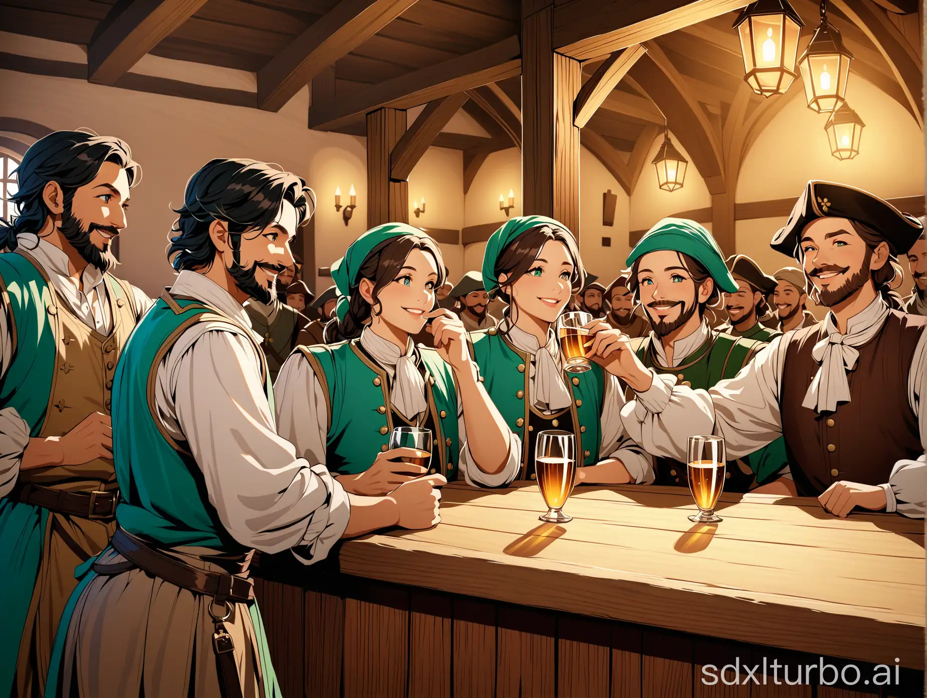 ((masterpiece)),((best quality)),8k,high detailed,ultra-detailed,,Tavern patrons in medieval Mondstadt smile as they raise their glasses in salute to Venti.,medieval Mondstadt tavern,smiling patrons,raising glasses,salute to Venti