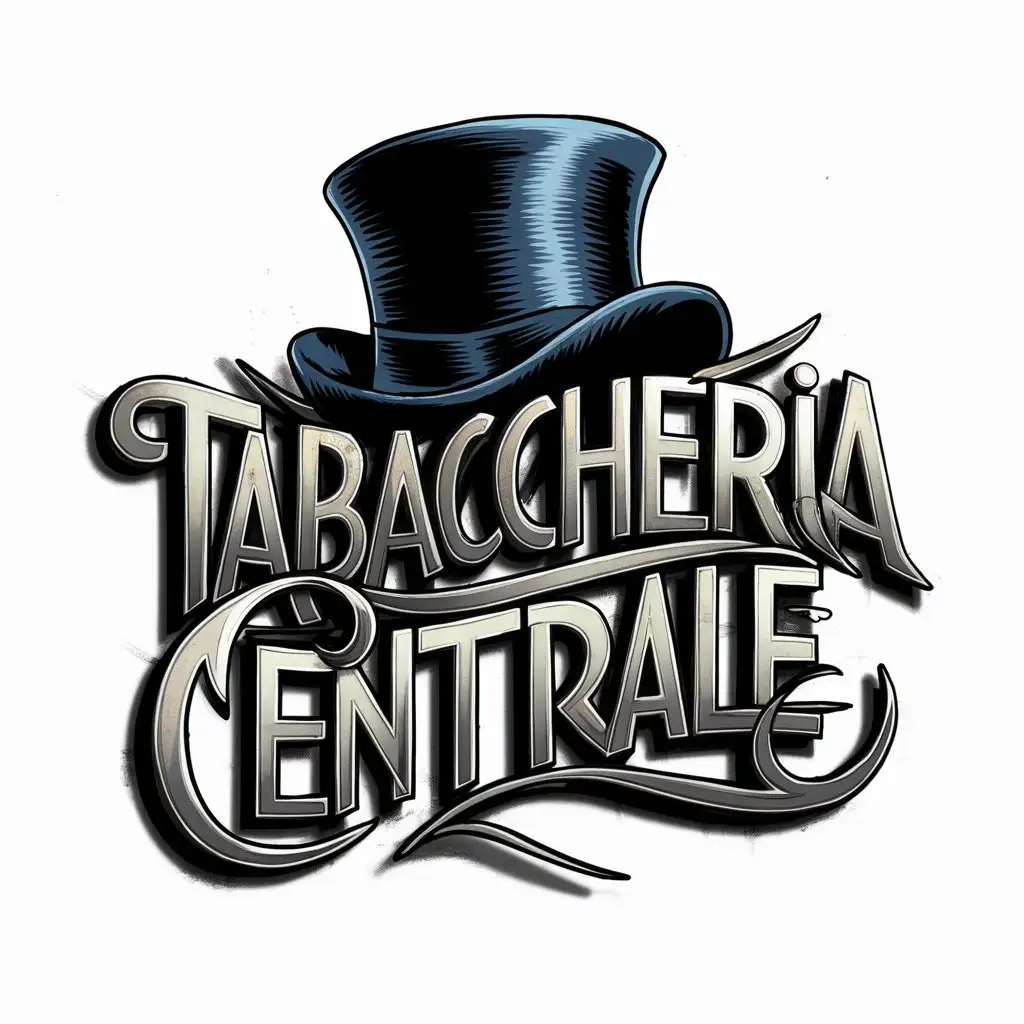 A round and high detailed logo. Graffiti style text ”Tabaccheria Centrale" with a top hat on it. No background. White background .