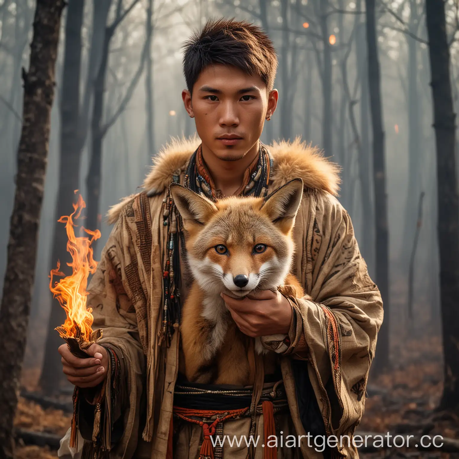 Young man asian, with short hair, brown eyes, in shaman's clothing, holds a fox in his hands, against the backdrop of a burning forest