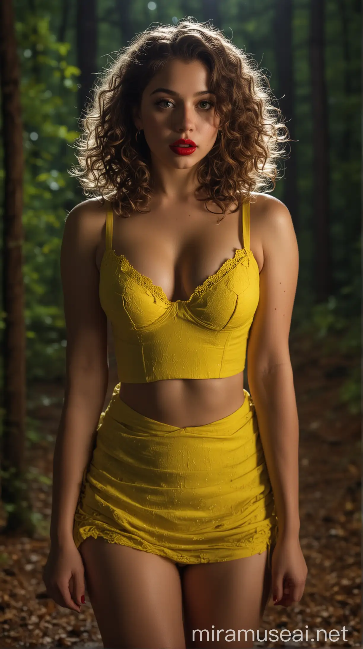 4k Ai art full body beautiful USA girl curls hair red lipstick nose ring ear tops green night dress yellow bra big saggy tits in usa forest at night 