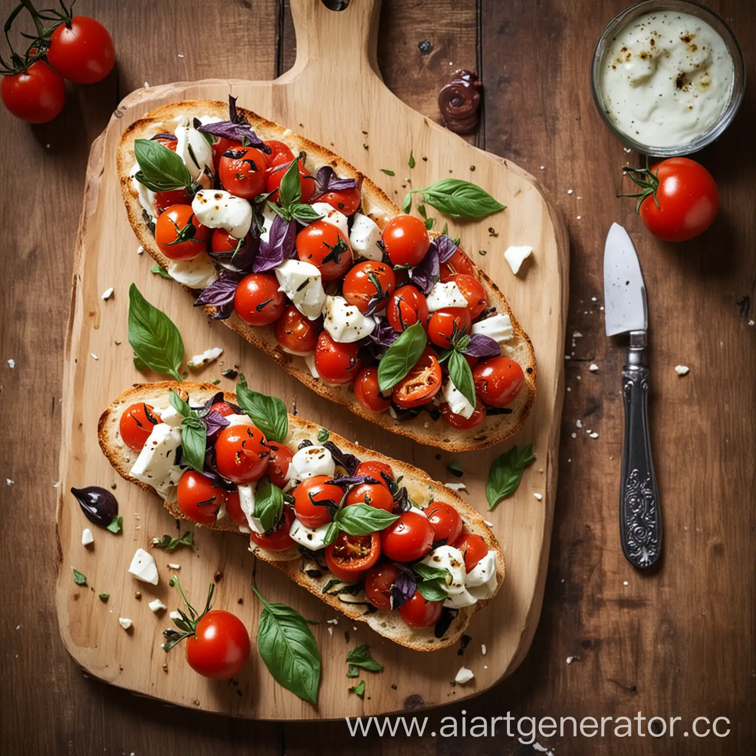 Mozzarella-Bruschetta-with-Cherry-Tomatoes-and-Purple-Basil-Leaves