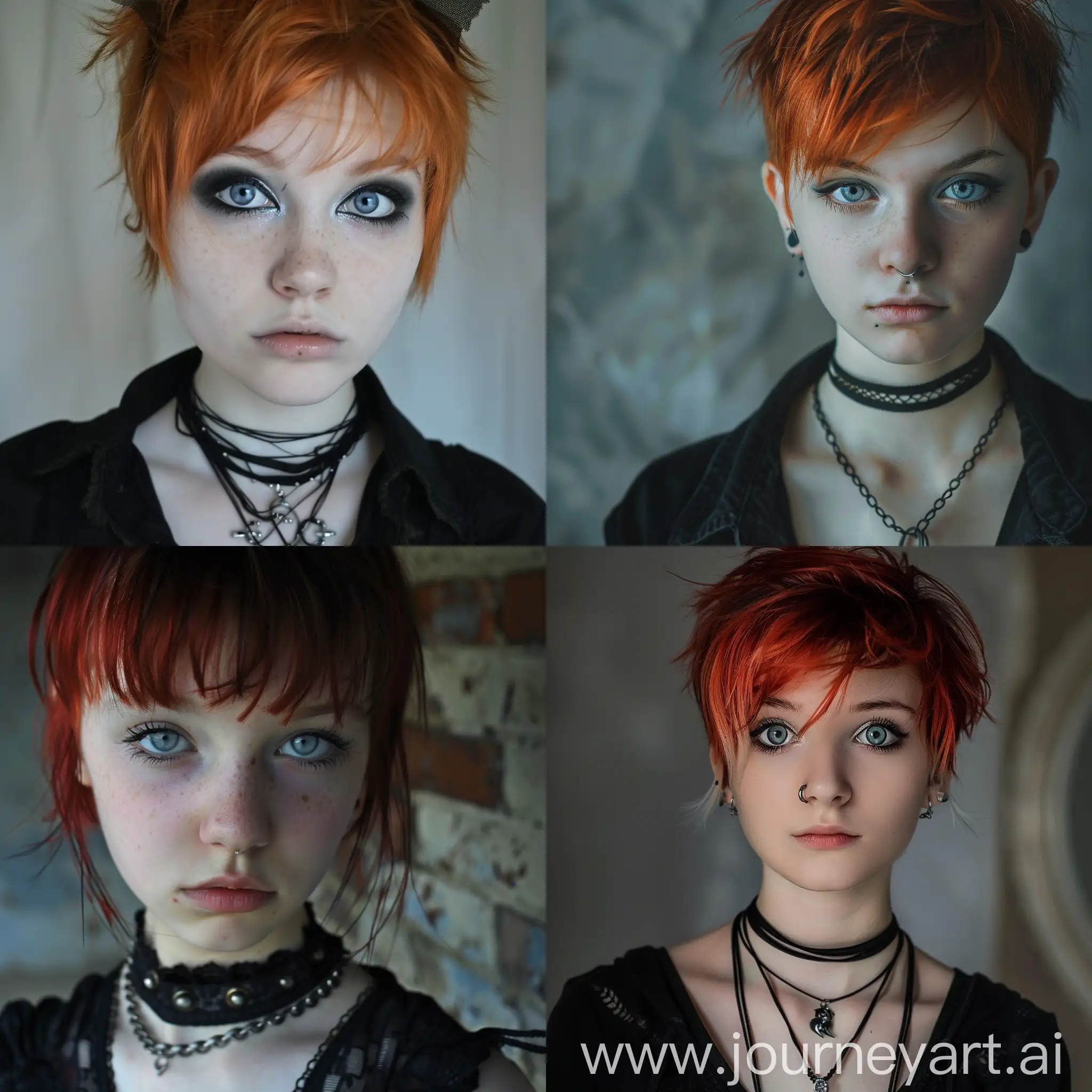 16 year old girl, goth, pixie cut, red hair, icy blue eyes 