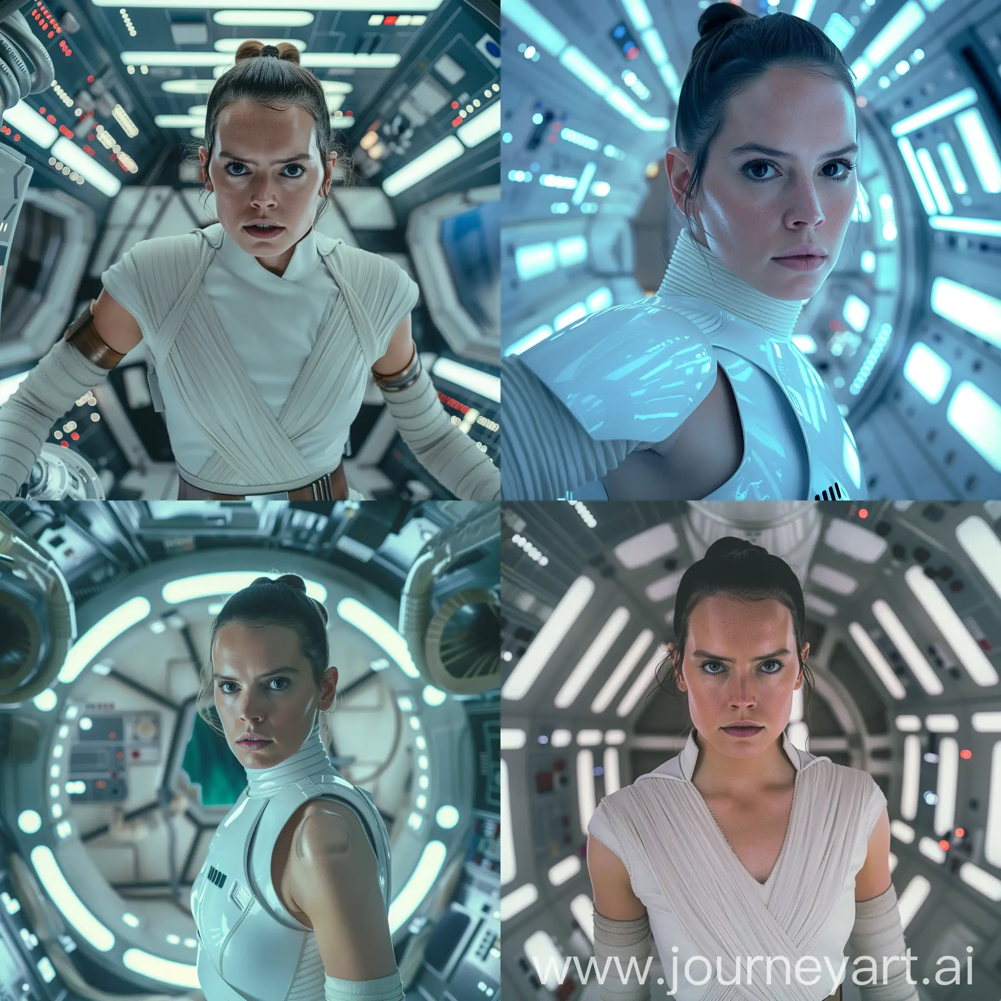Rey Skywalker in a futuristic white cyber suit in a Spaceship looking at the camera, 8k resolution, cinematic image,  realistic 
