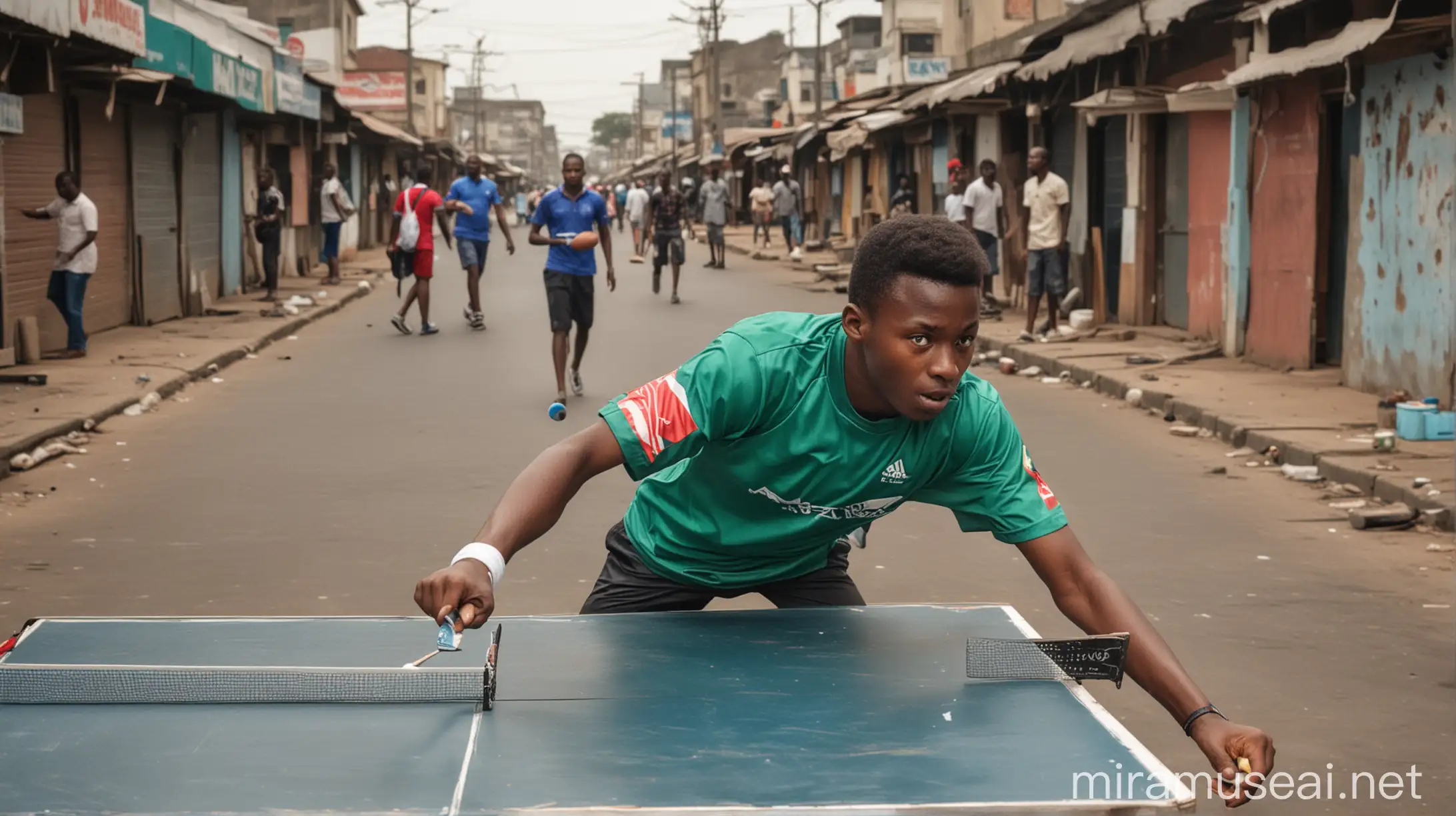 A young Atanda Ganiyu Musa gripping a table tennis racket, determination evident in his eyes, as he practices his backhand stroke on a makeshift table in a bustling Lagos street.