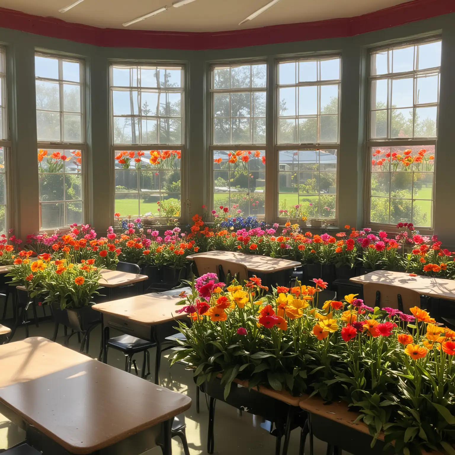 Bright and Colorful Classroom with Sunlit Flowers