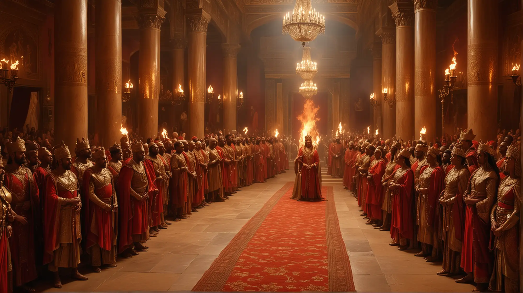 King Salomon and the queen of Sheba surrounded by the court,  on richly attired in red and gold, at a banque in the king palace, crowded seen, fire torch light, very realistic, panoramic view 