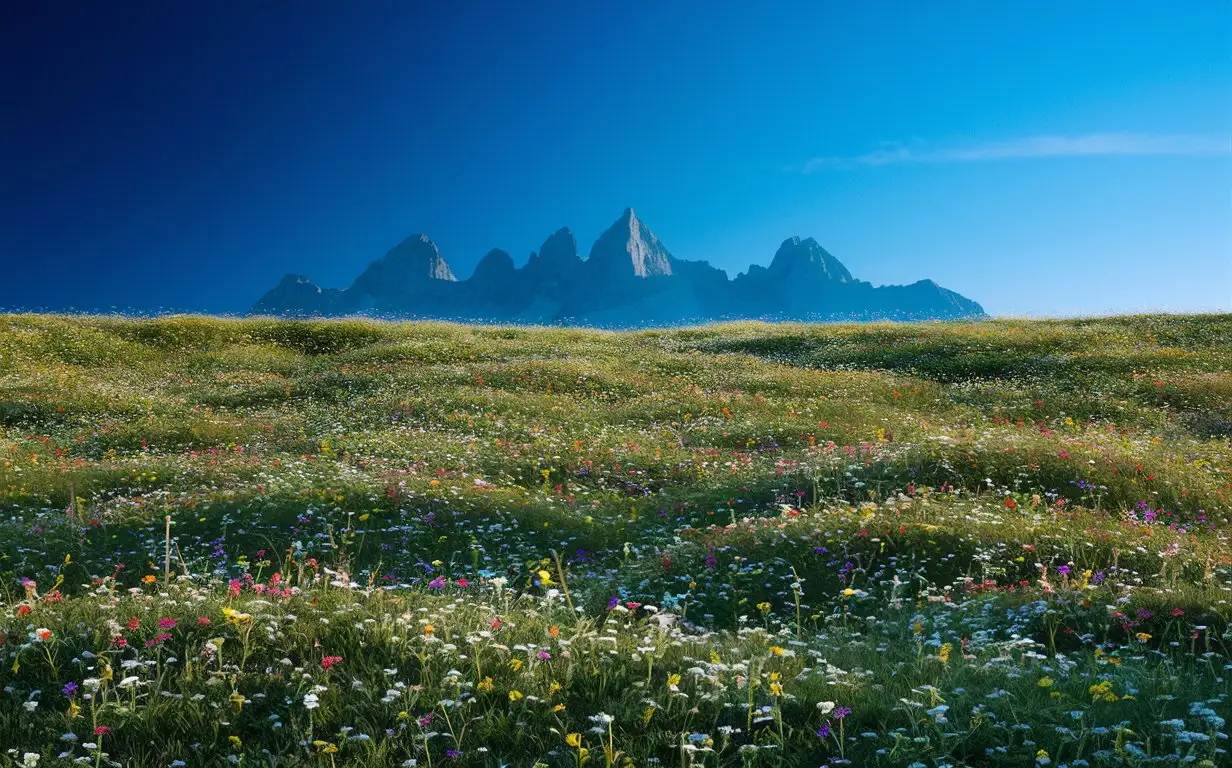 Vibrant-Field-with-Clear-Sky-and-Majestic-Mountain-Peaks
