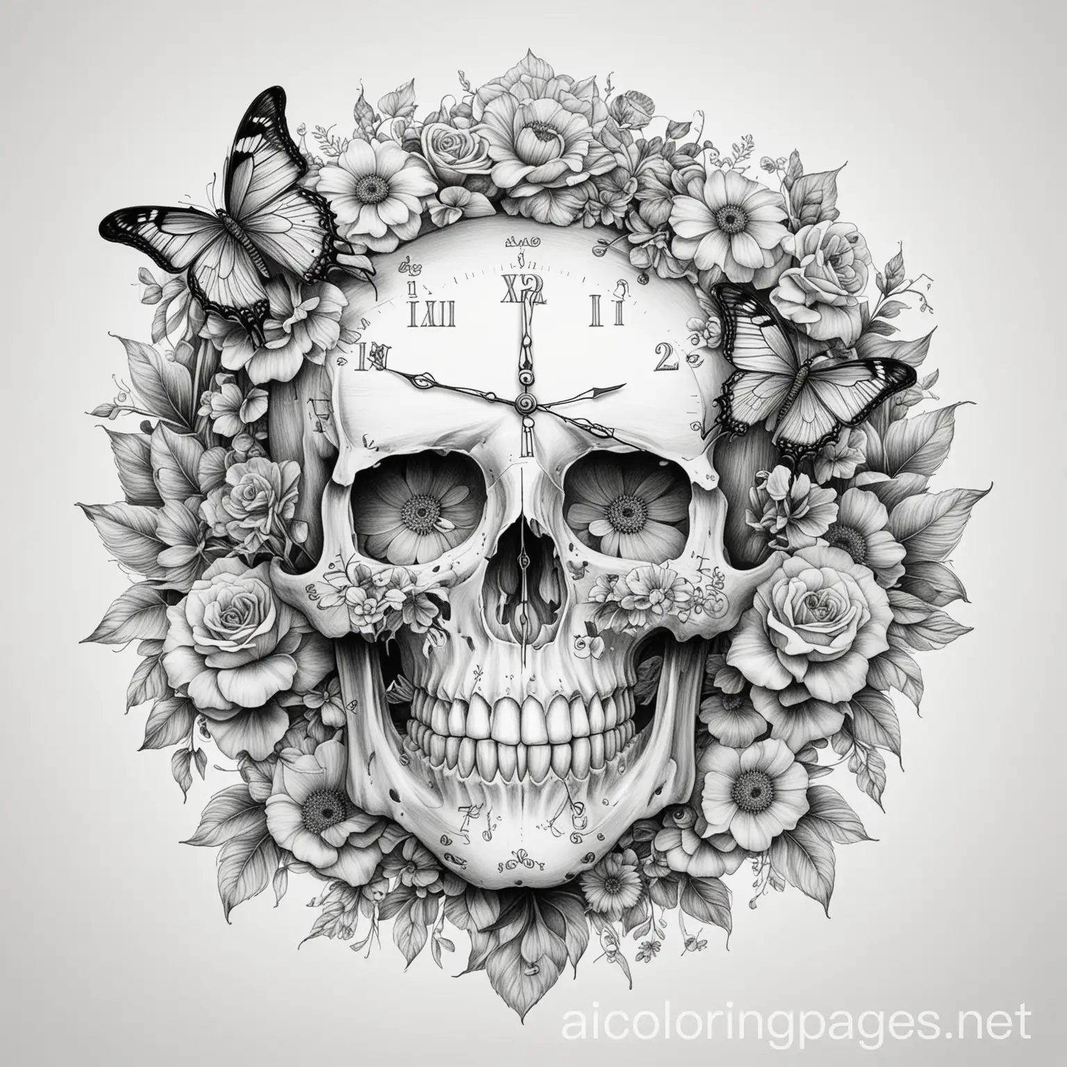 Skull with clock , butterflys and beautiful flowers, Coloring Page, black and white, line art, white background, Simplicity, Ample White Space. The background of the coloring page is plain white to make it easy for young children to color within the lines. The outlines of all the subjects are easy to distinguish, making it simple for kids to color without too much difficulty