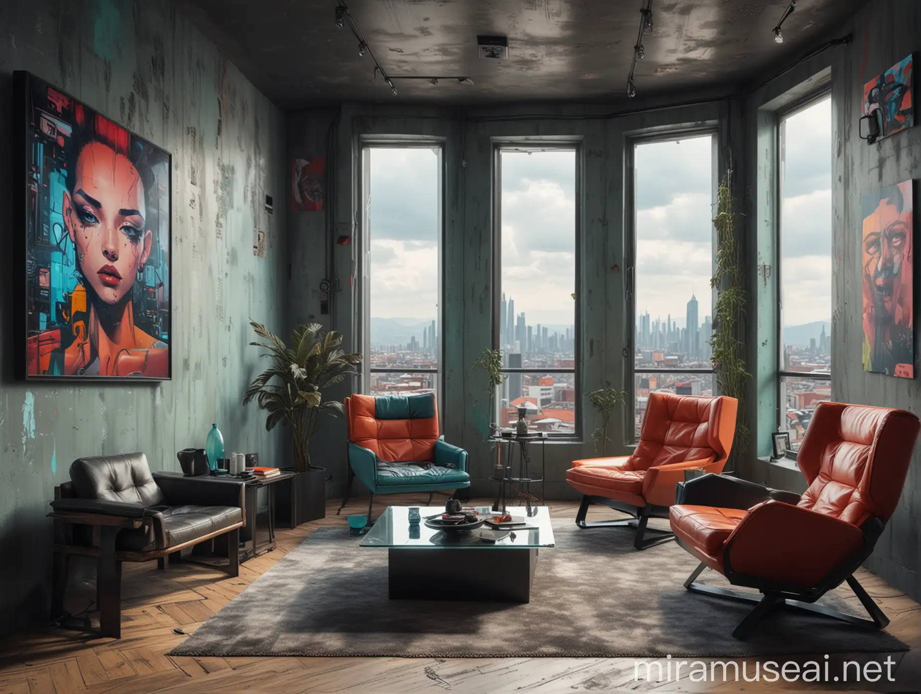 Cyberpunk Modern Apartment with Stylish Armchairs and Artistic Wall Paintings