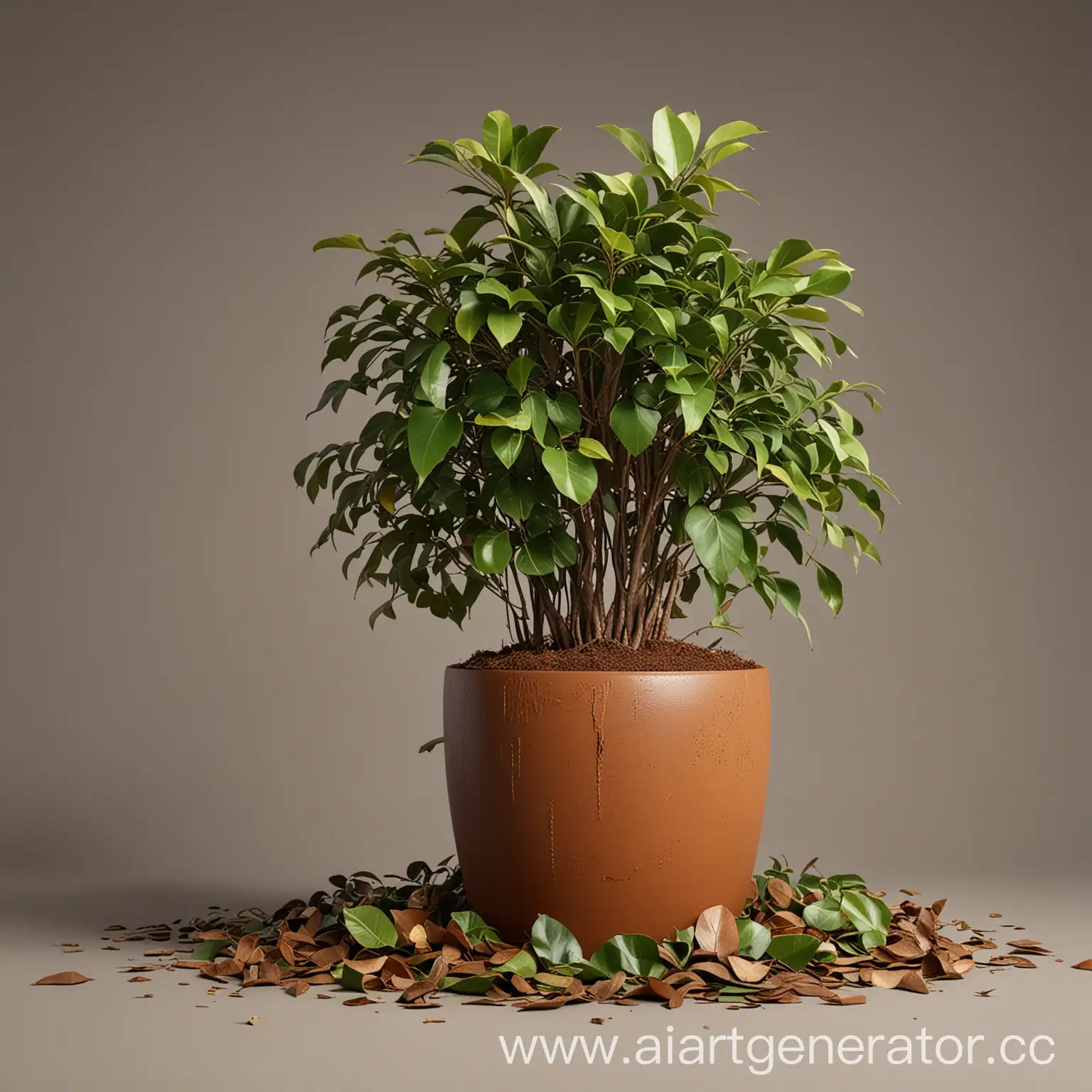 Ficus-Plant-in-Distress-Fallen-Leaves-Surrounding-a-Brown-Pot