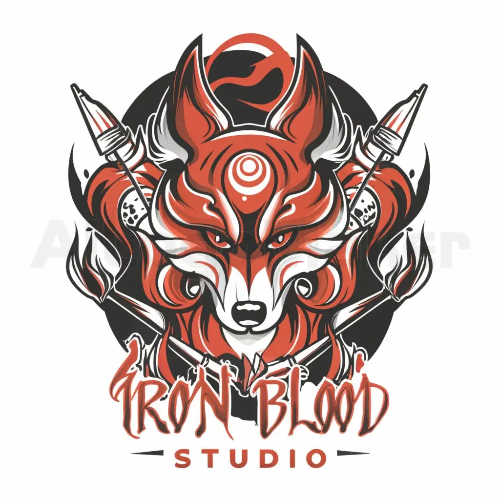 a logo design,with the text 'Iron Blood Studio', main symbol:Japanese Okami and kitsune with airbrush and paintbrushes,complex,be used in Others industry,clear background