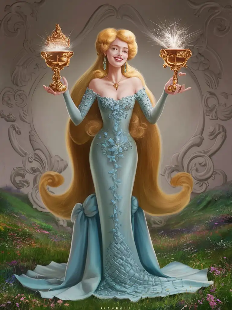 Диенбу - богиня радости загорелая девушка во весь рост с милой улыбкой в лёгком синем платье с пышными золотыми волосами дарит роскошную чашу с лучезарным напитком стоя на цветущем лугу в стиле барокко фэнтази.