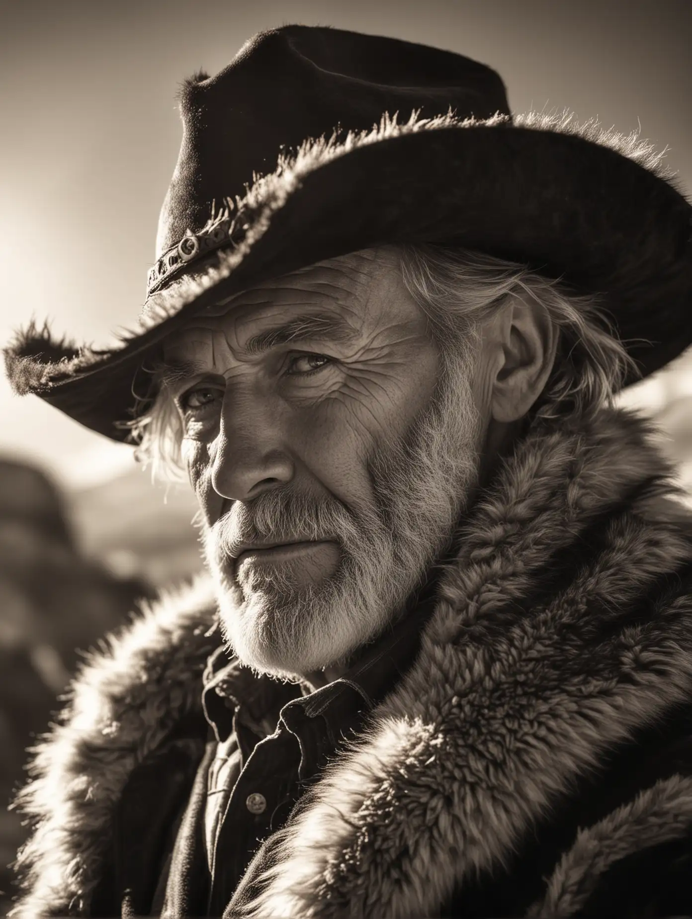 Mountain Man Portrait Cowboy Hat and Furs in Sunlight