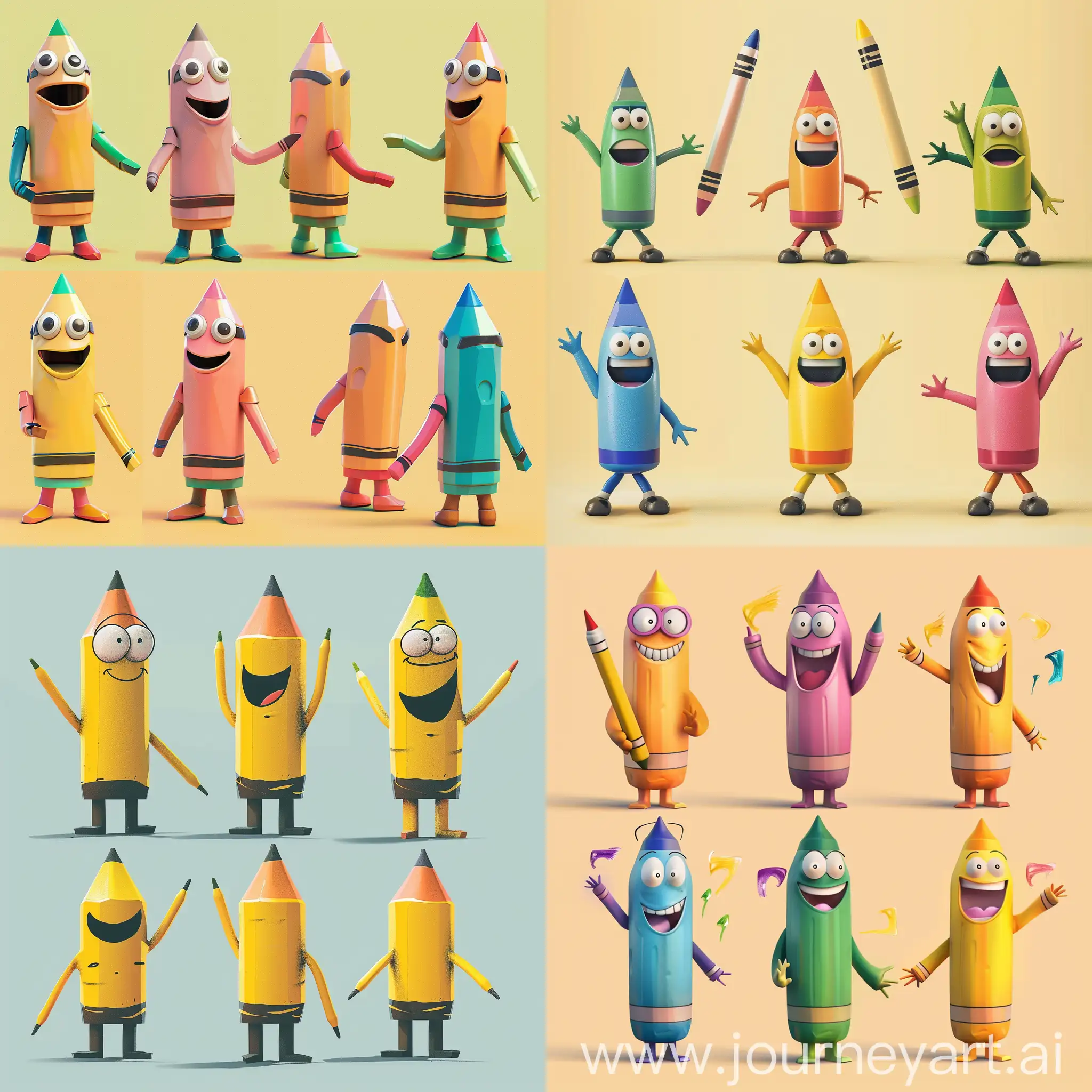 A crayon character in different positions. Childish character. Three-dimensional. with different poses