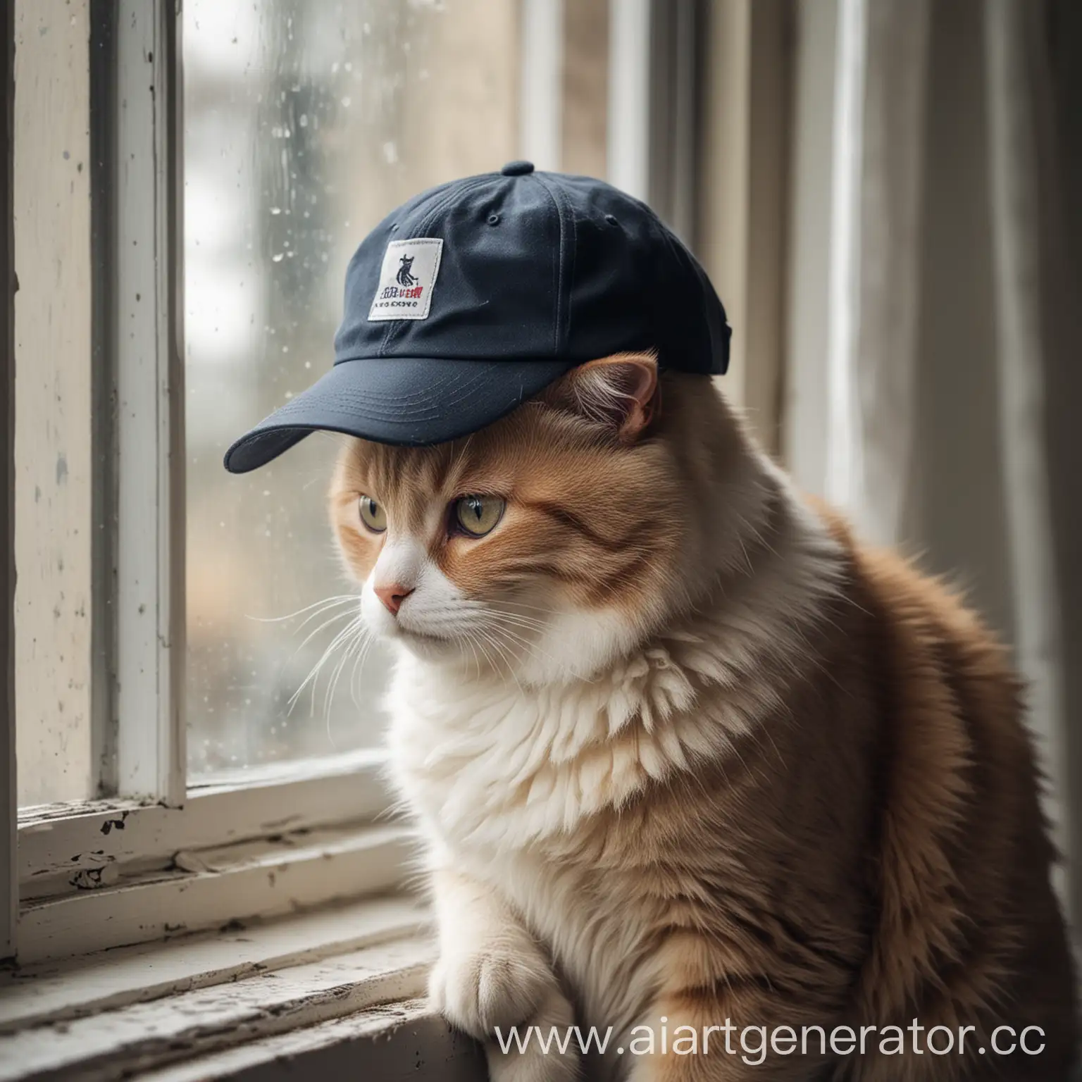 грустный кот в кепке сидящий на окне 