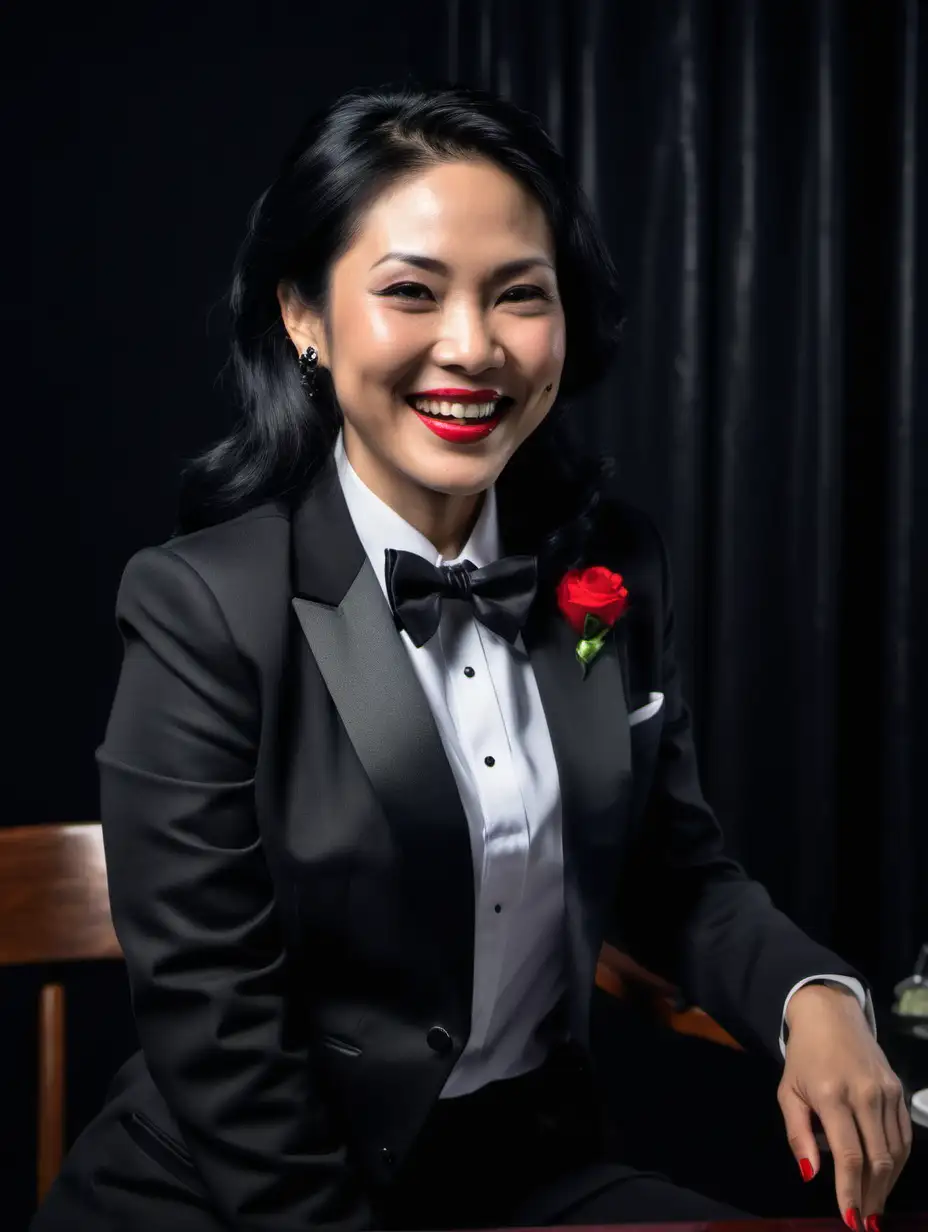 Joyful-Vietnamese-Woman-in-Tuxedo-Smiling-at-Table-in-Dark-Room