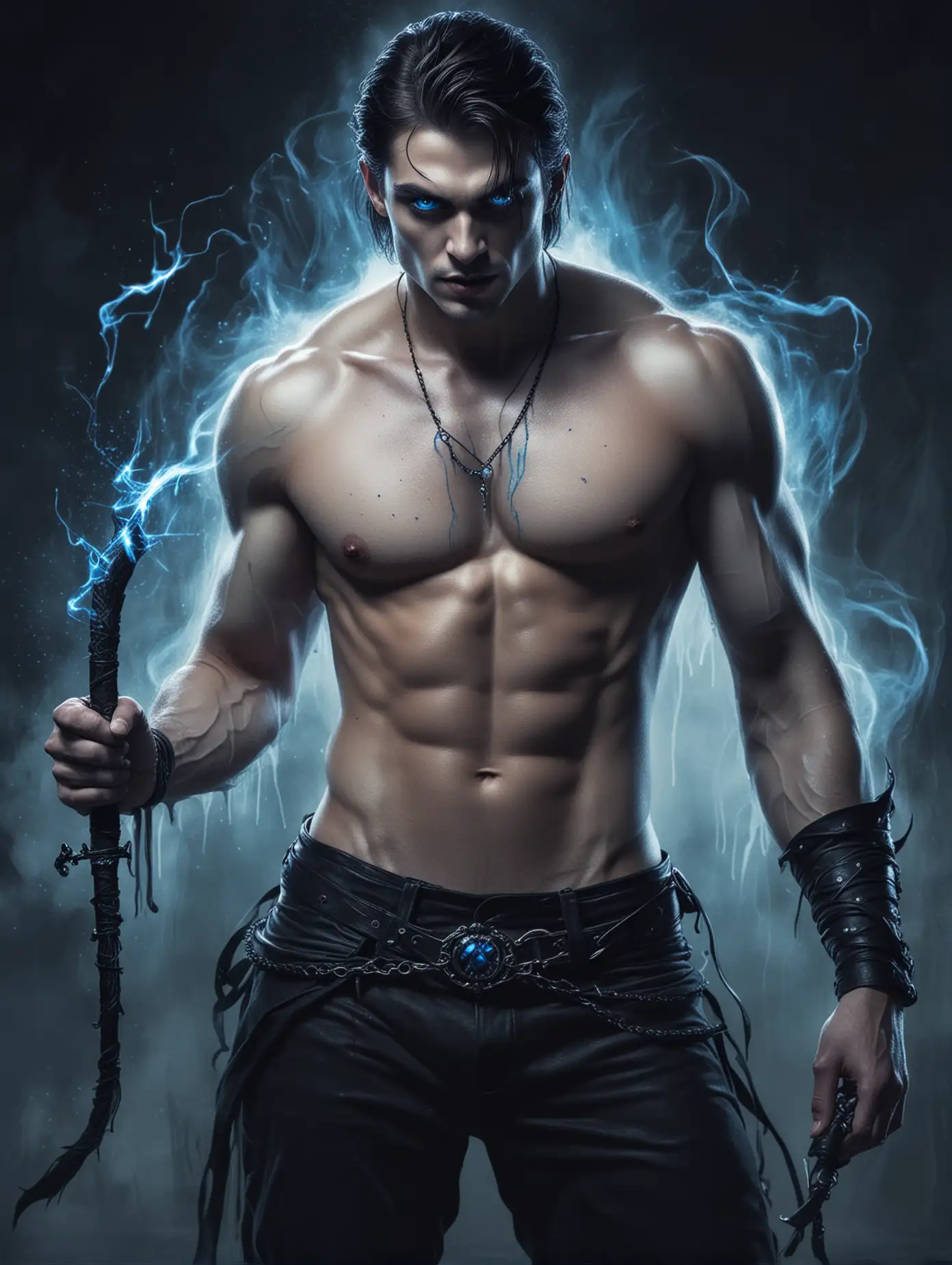 Illustration of a sexy shirtless vampire, with deep blue eyes, fangs, he is holding a whip, blue fog, blue sparks