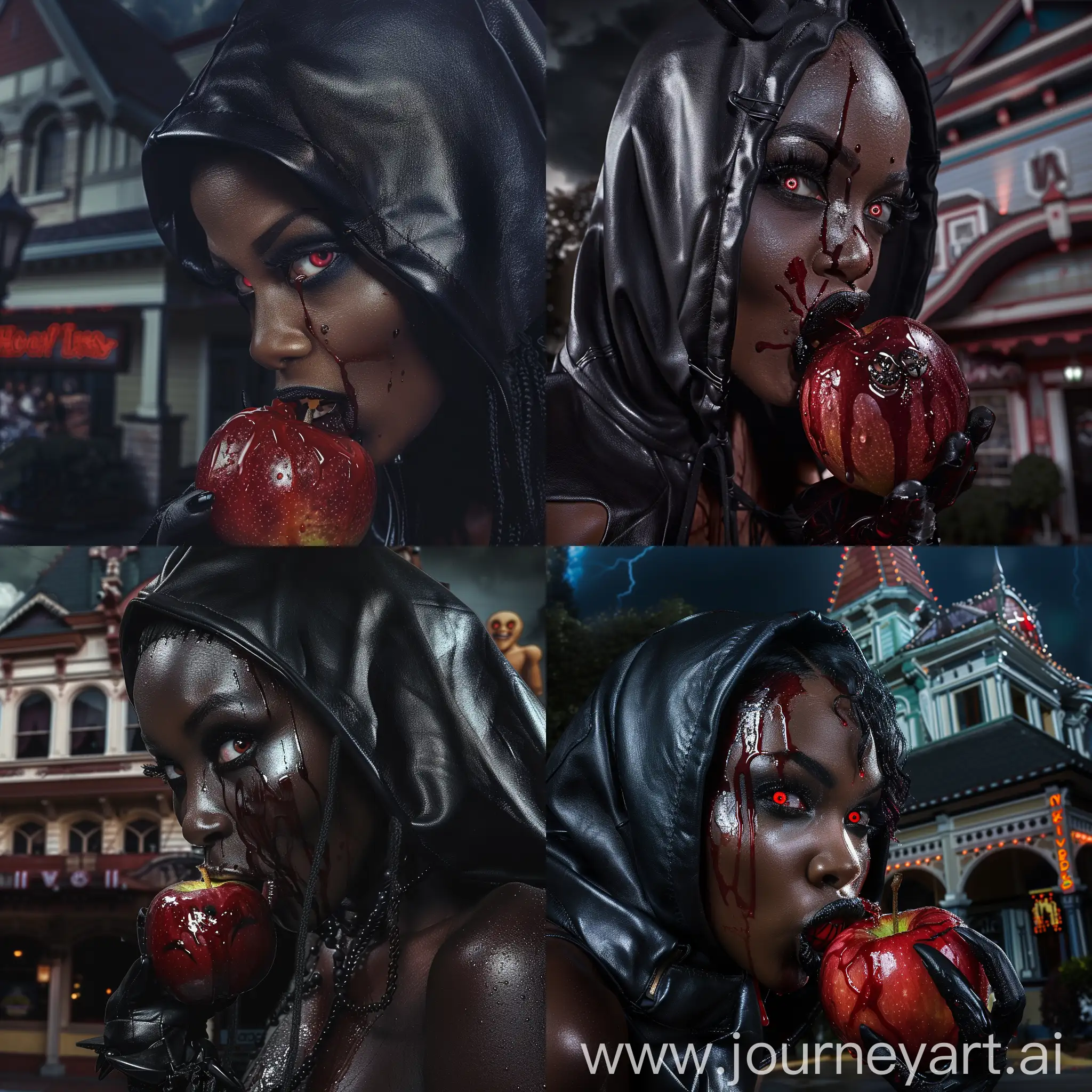 Close up photography of a black woman with black leather hood, biting an apple covered with crimson liquid, devil eyes, in front of a horror movie house, dark colors, cinematic lighting