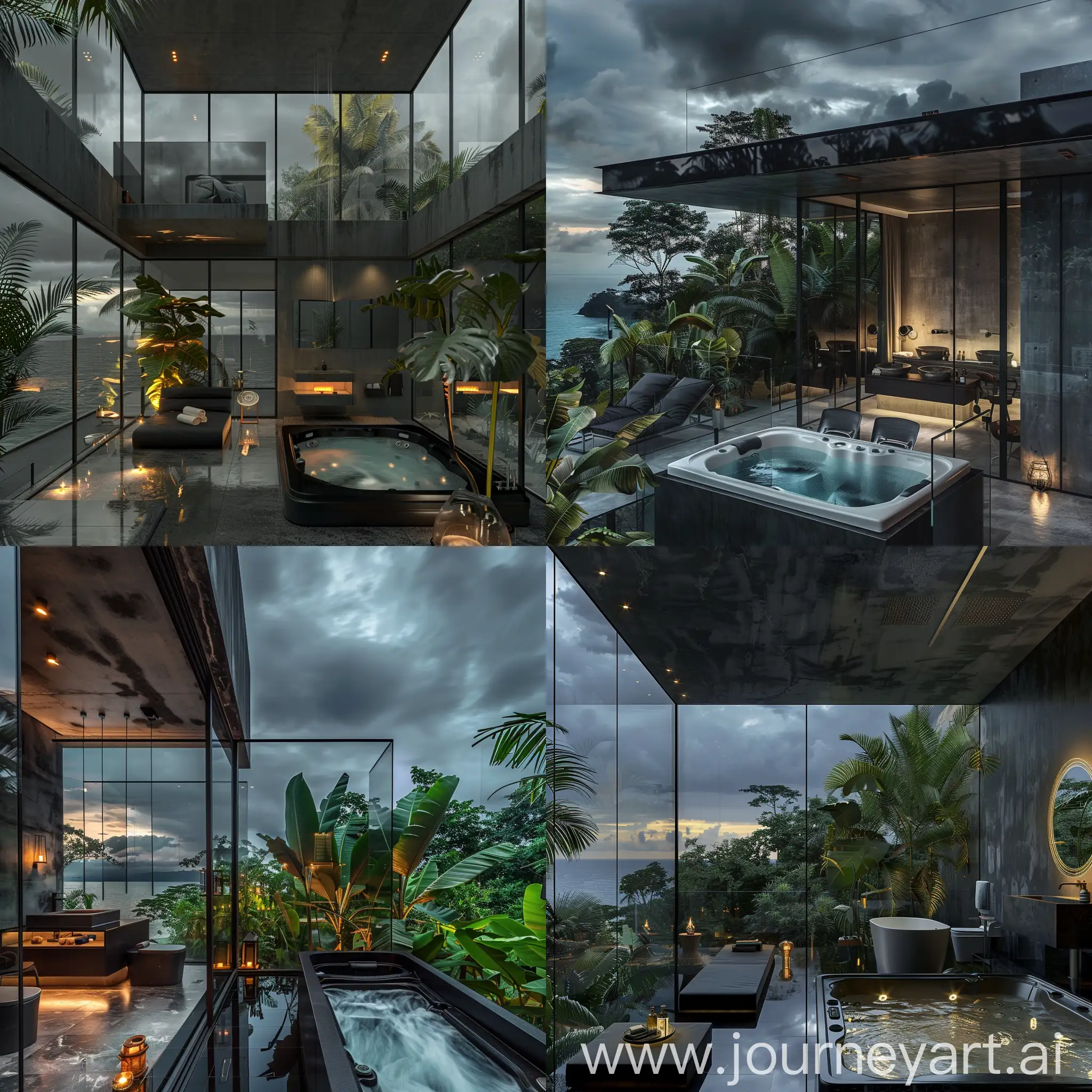 A modern glass bathroom with black, gray and concrete colors and a hot tub with a complete arrangement of furniture, decorated and soft lighting, a tall window wall,
In lush tropical forest with broad leaf trees and sea, heavy cloudy sky at night, real photo.